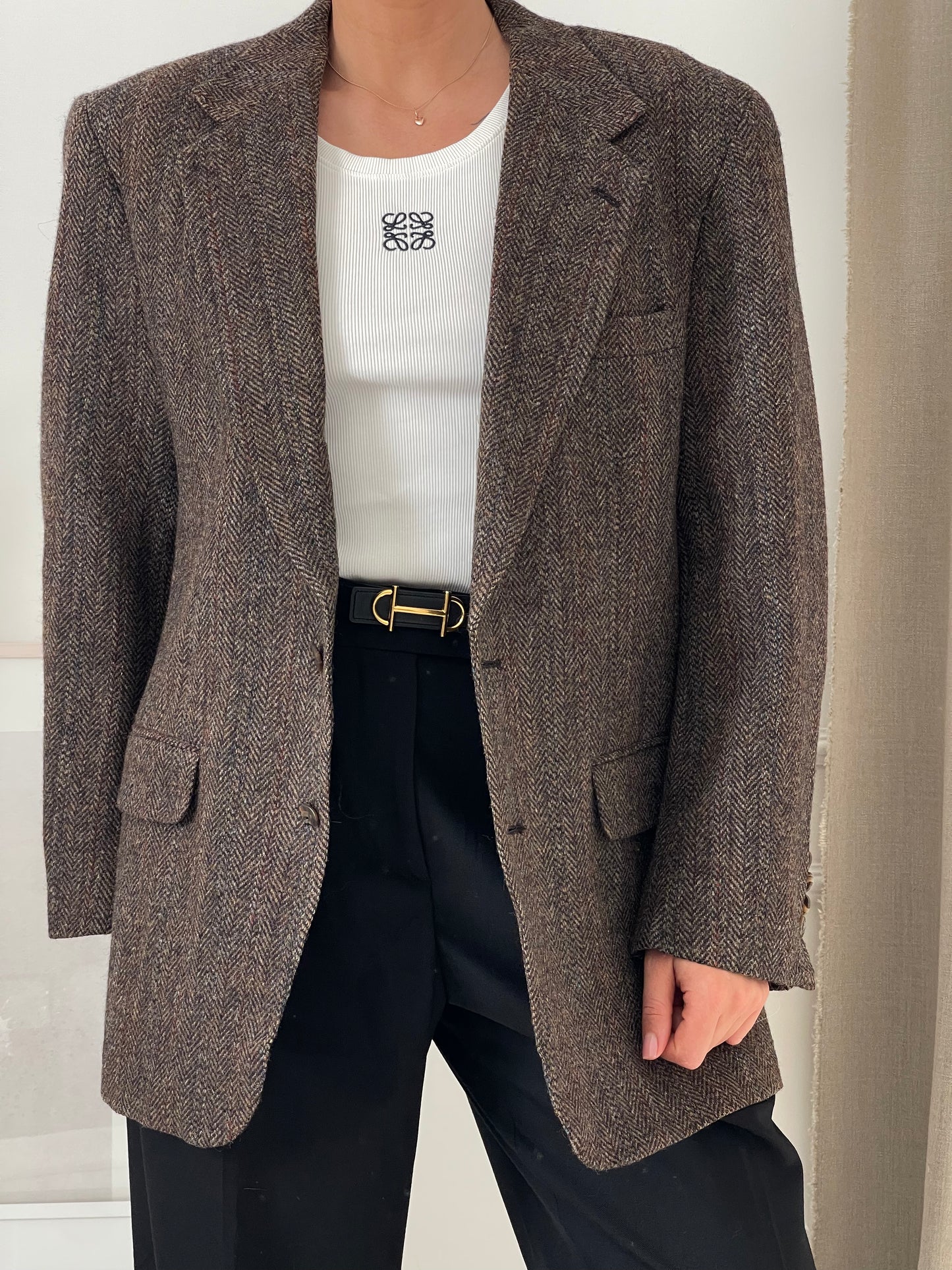 Oversized Brown Fishbone Tweed Blazer