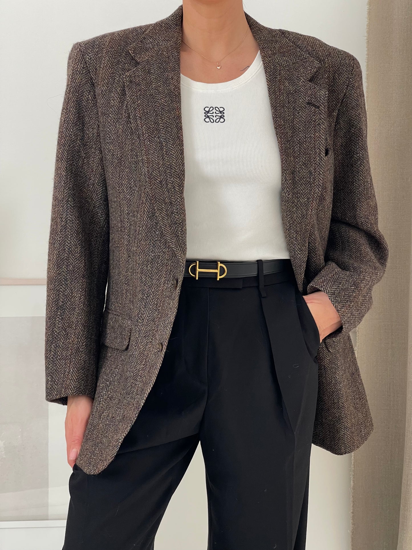 Oversized Brown Fishbone Tweed Blazer
