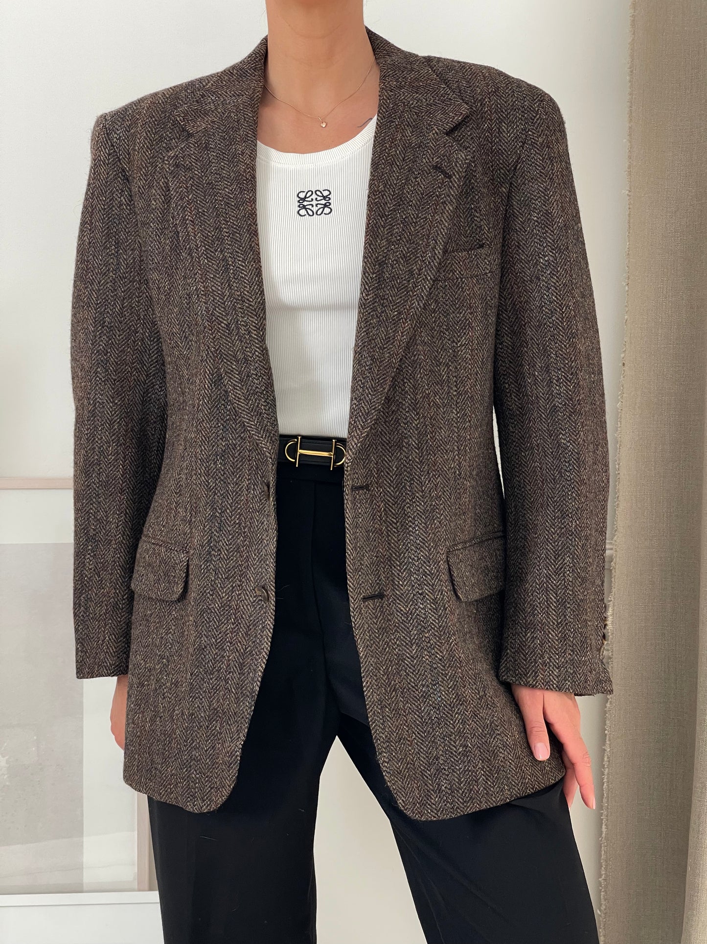 Oversized Brown Fishbone Tweed Blazer