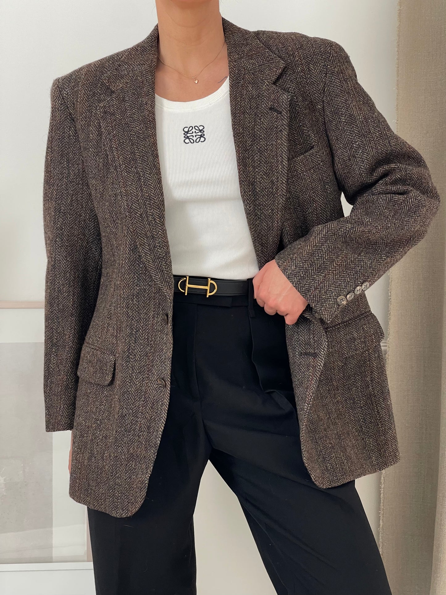 Oversized Brown Fishbone Tweed Blazer