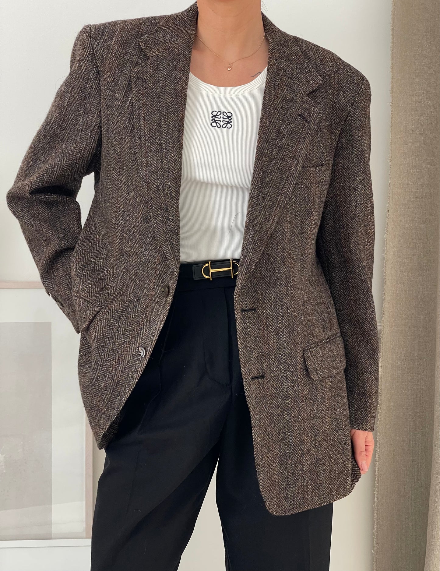 Oversized Brown Fishbone Tweed Blazer
