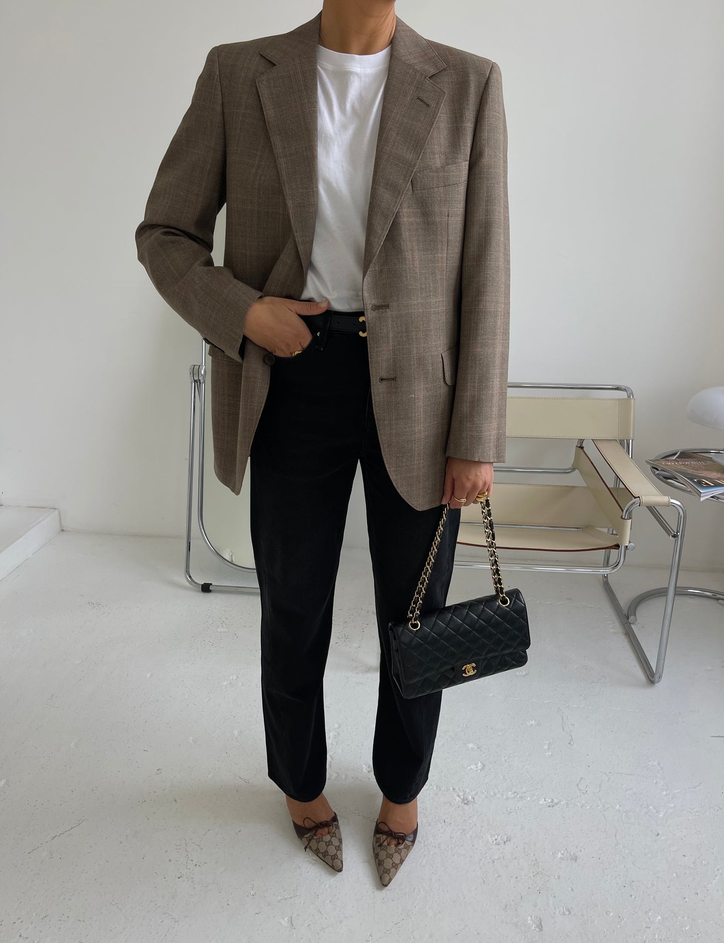 Structured checked brown wool blazer