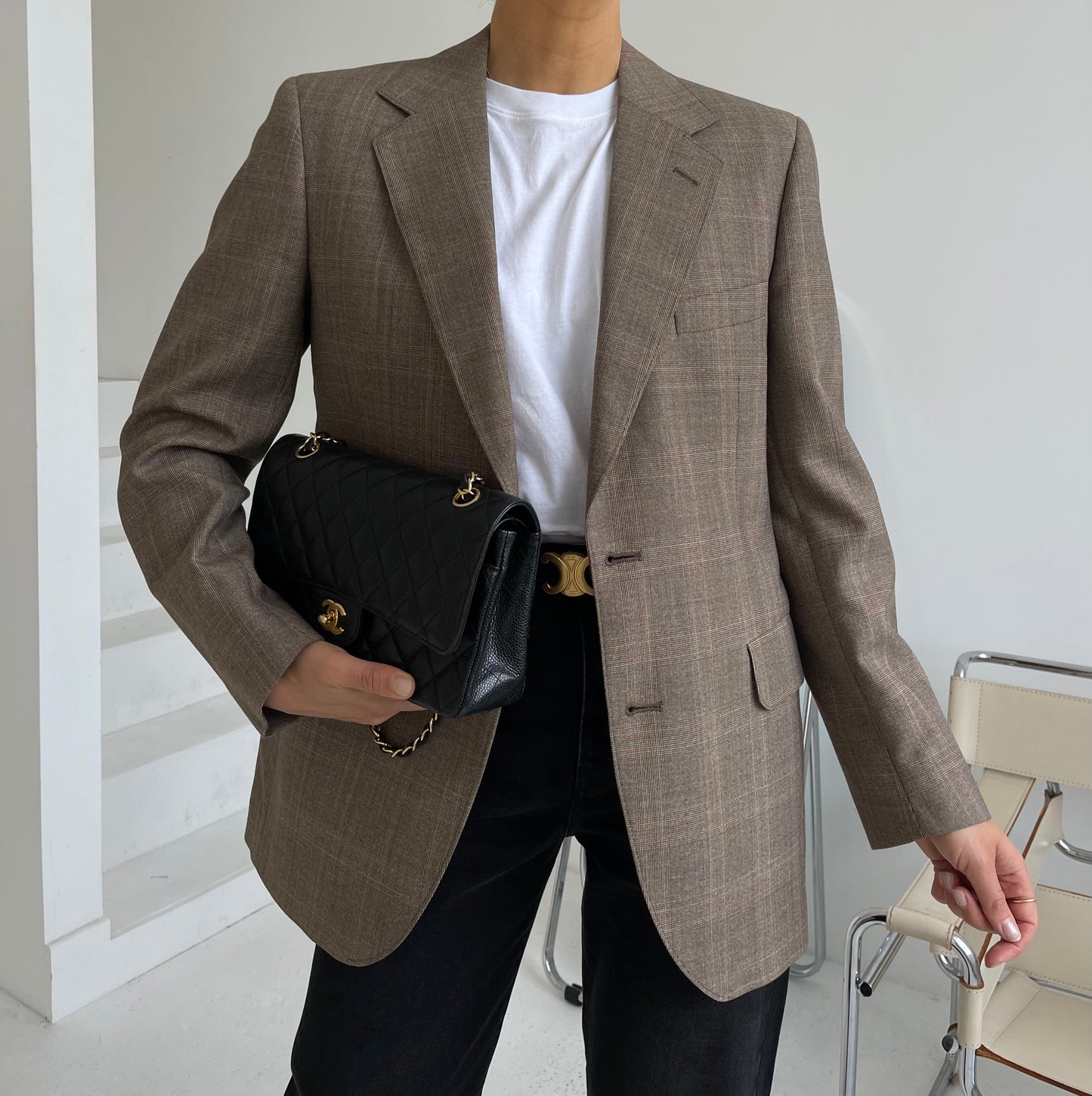 Structured checked brown wool blazer