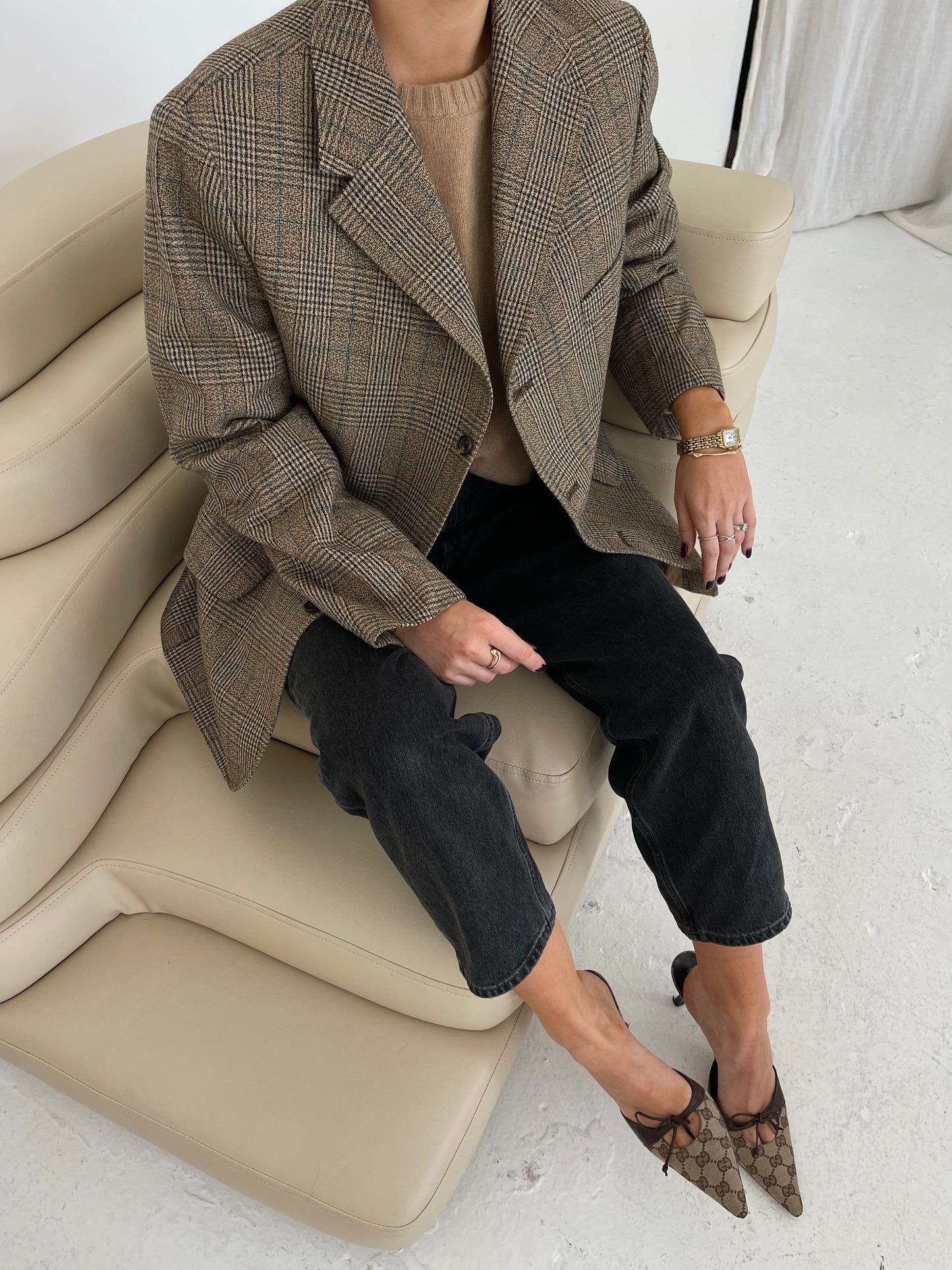 Checked beige wool mix structured blazer