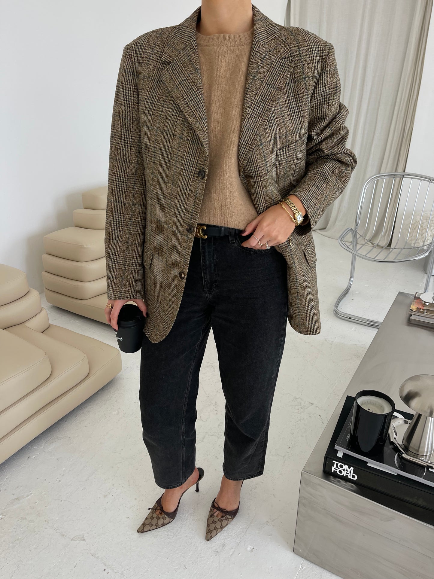 Checked beige wool mix structured blazer