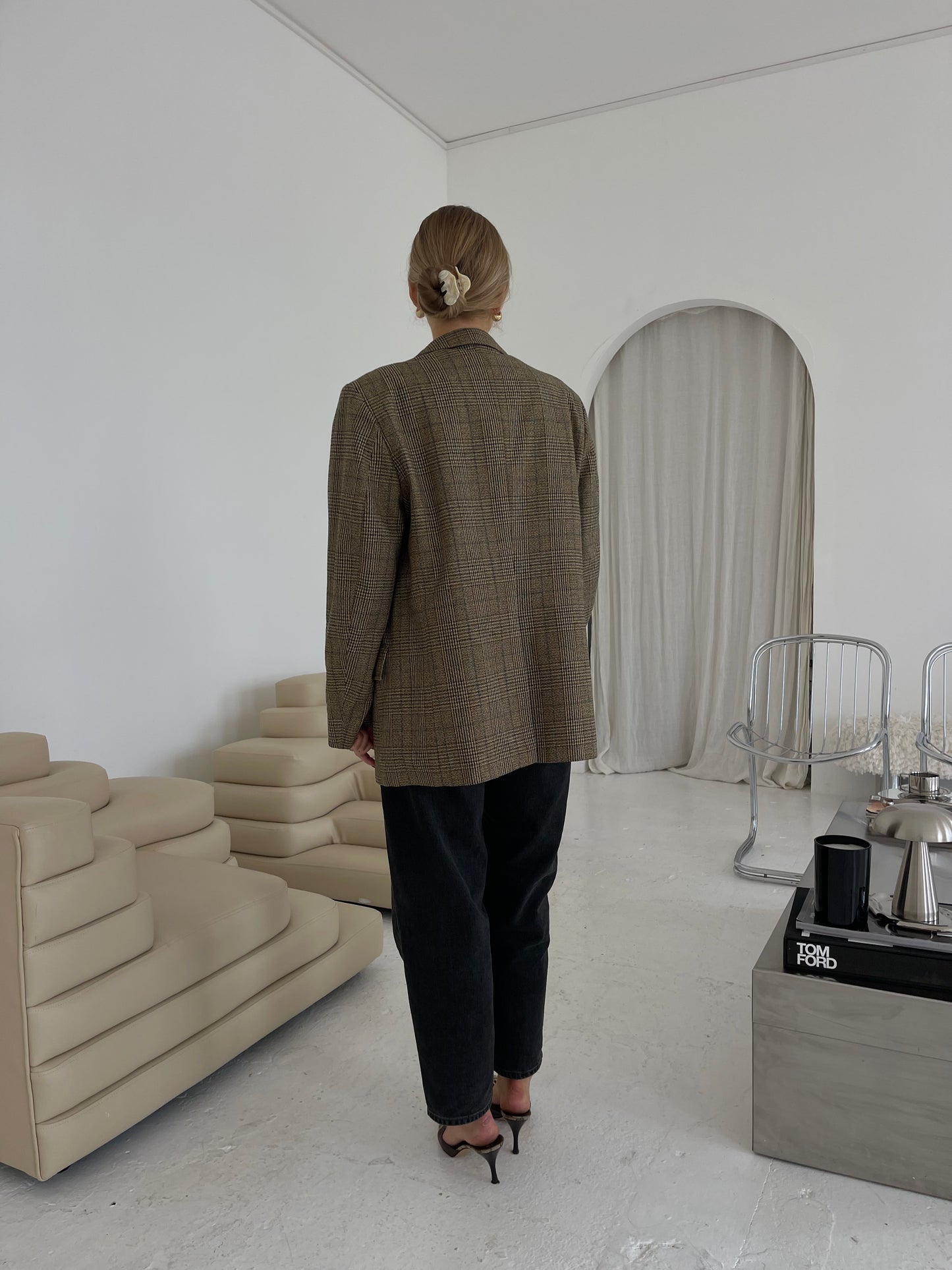 Checked beige wool mix structured blazer