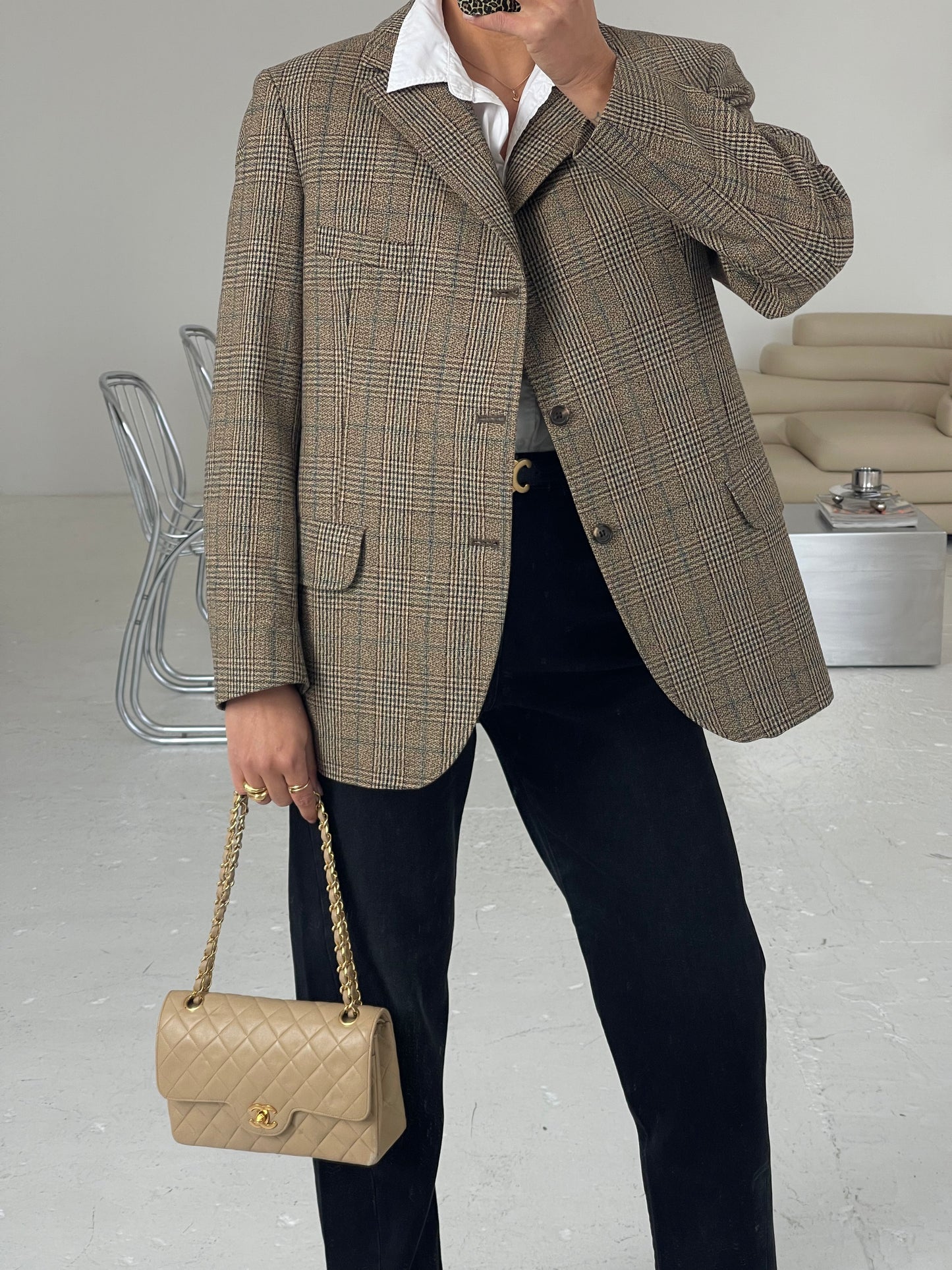 Checked beige wool mix structured blazer
