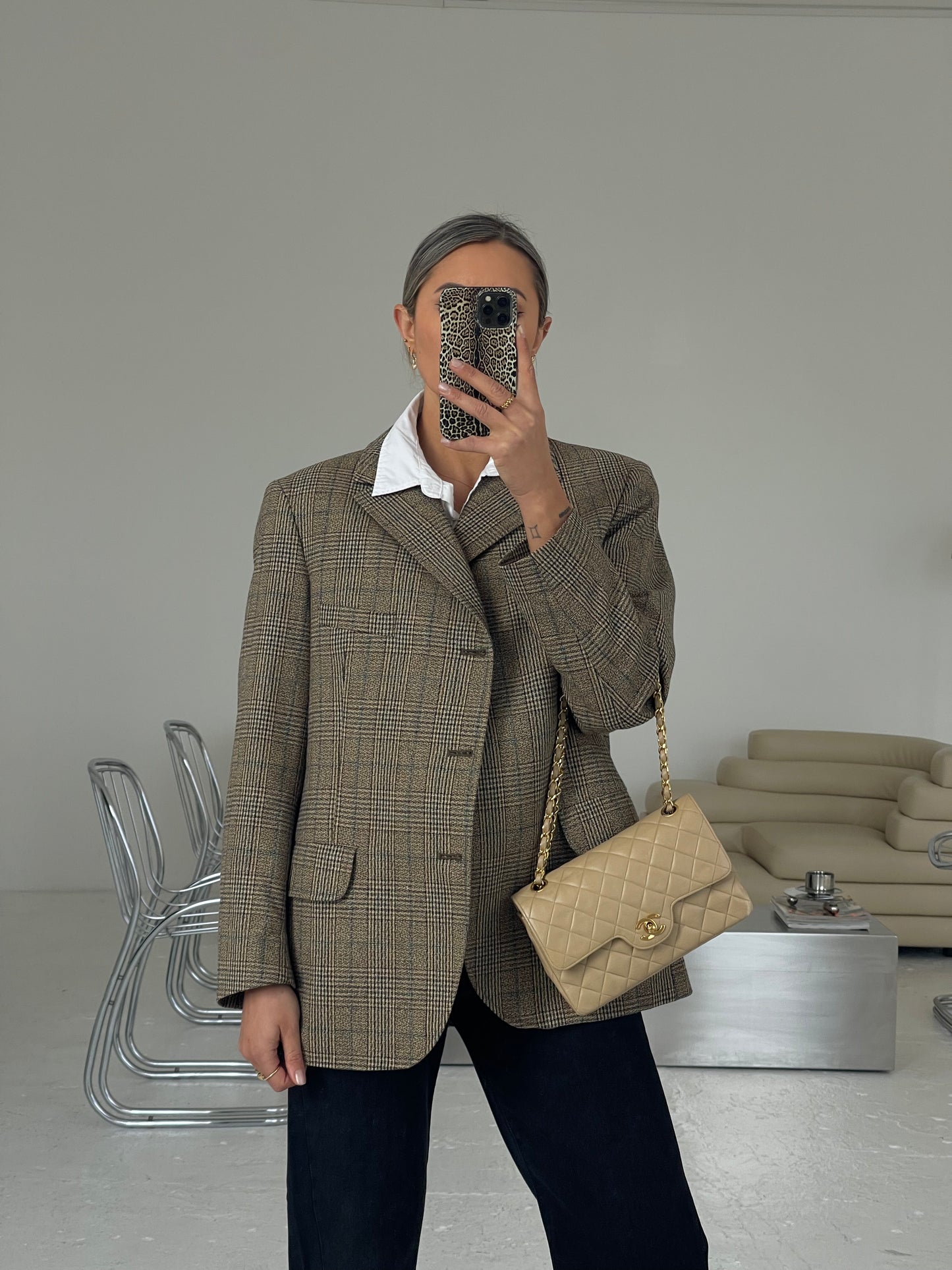 Checked beige wool mix structured blazer