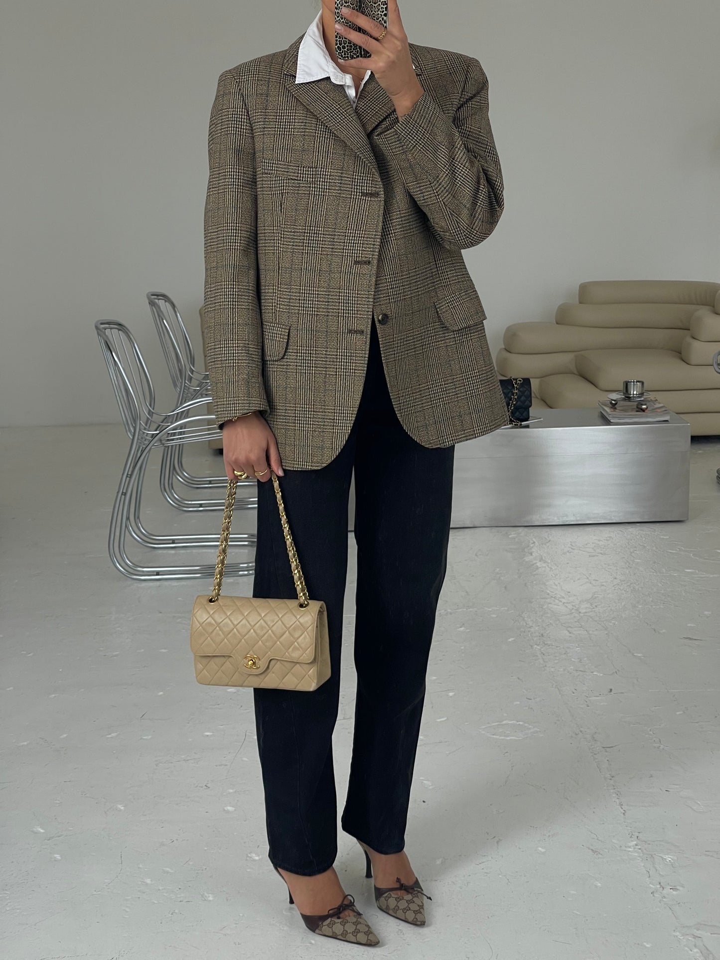 Checked beige wool mix structured blazer