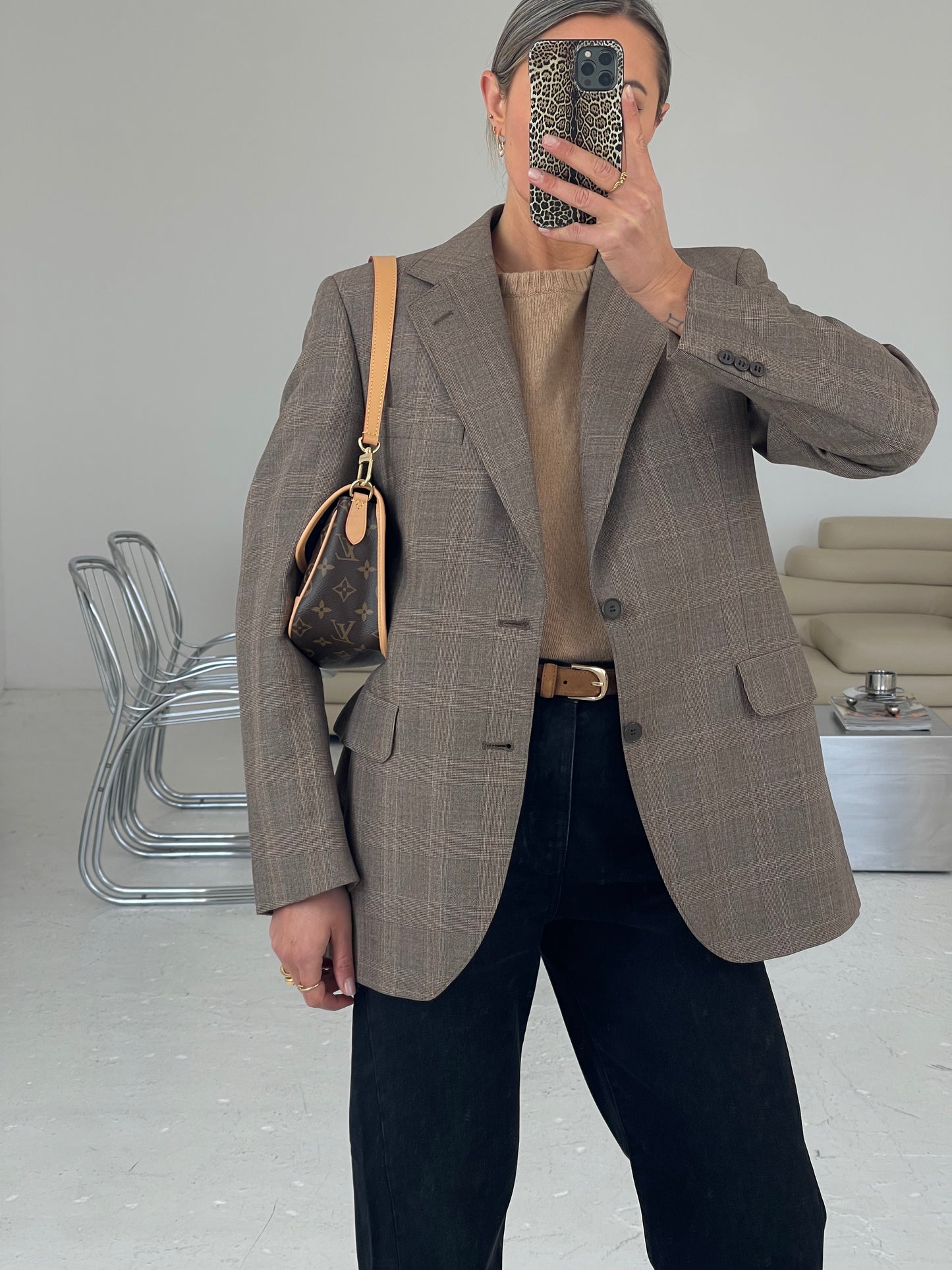 Structured checked brown wool blazer