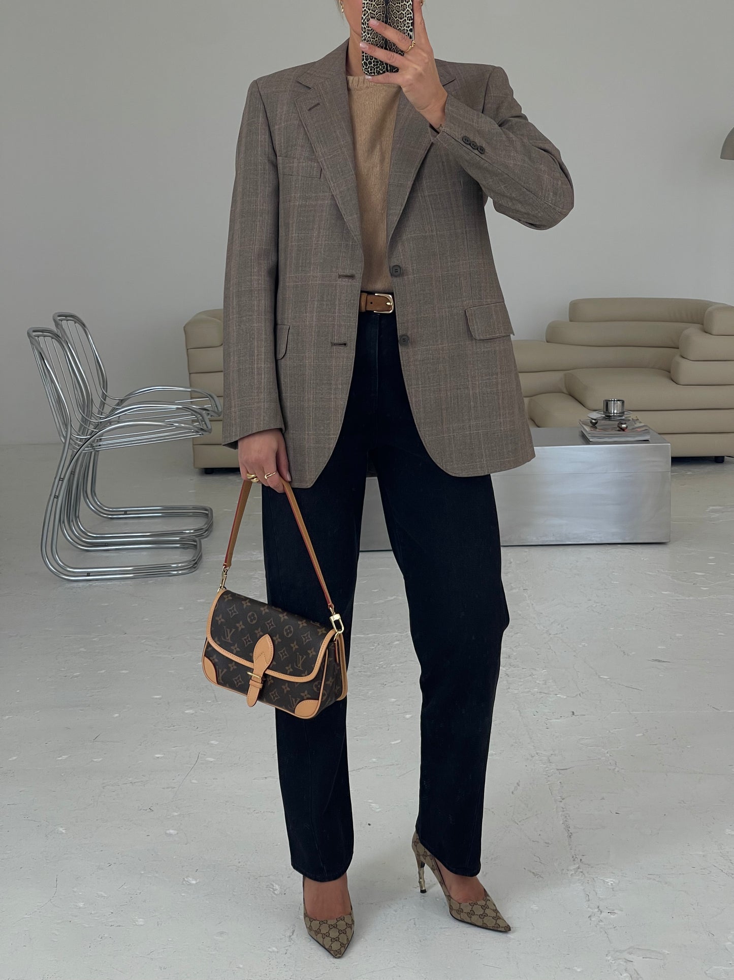 Structured checked brown wool blazer