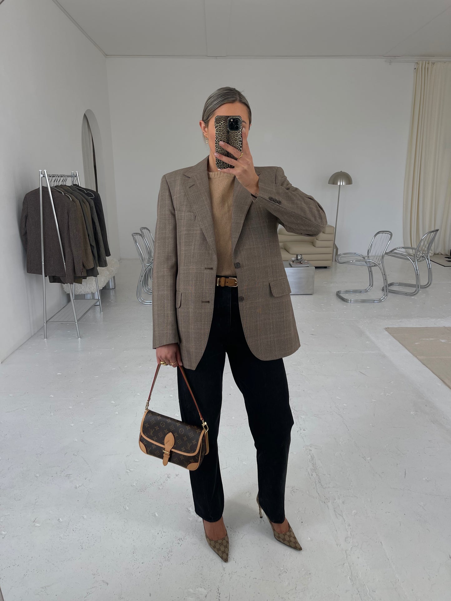 Structured checked brown wool blazer