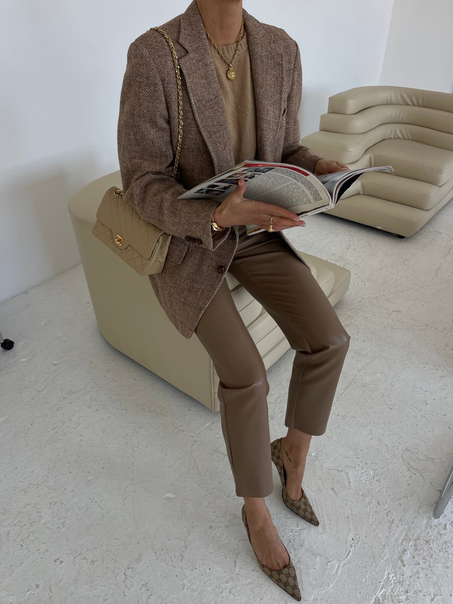 Beige tweed wool oversized blazer