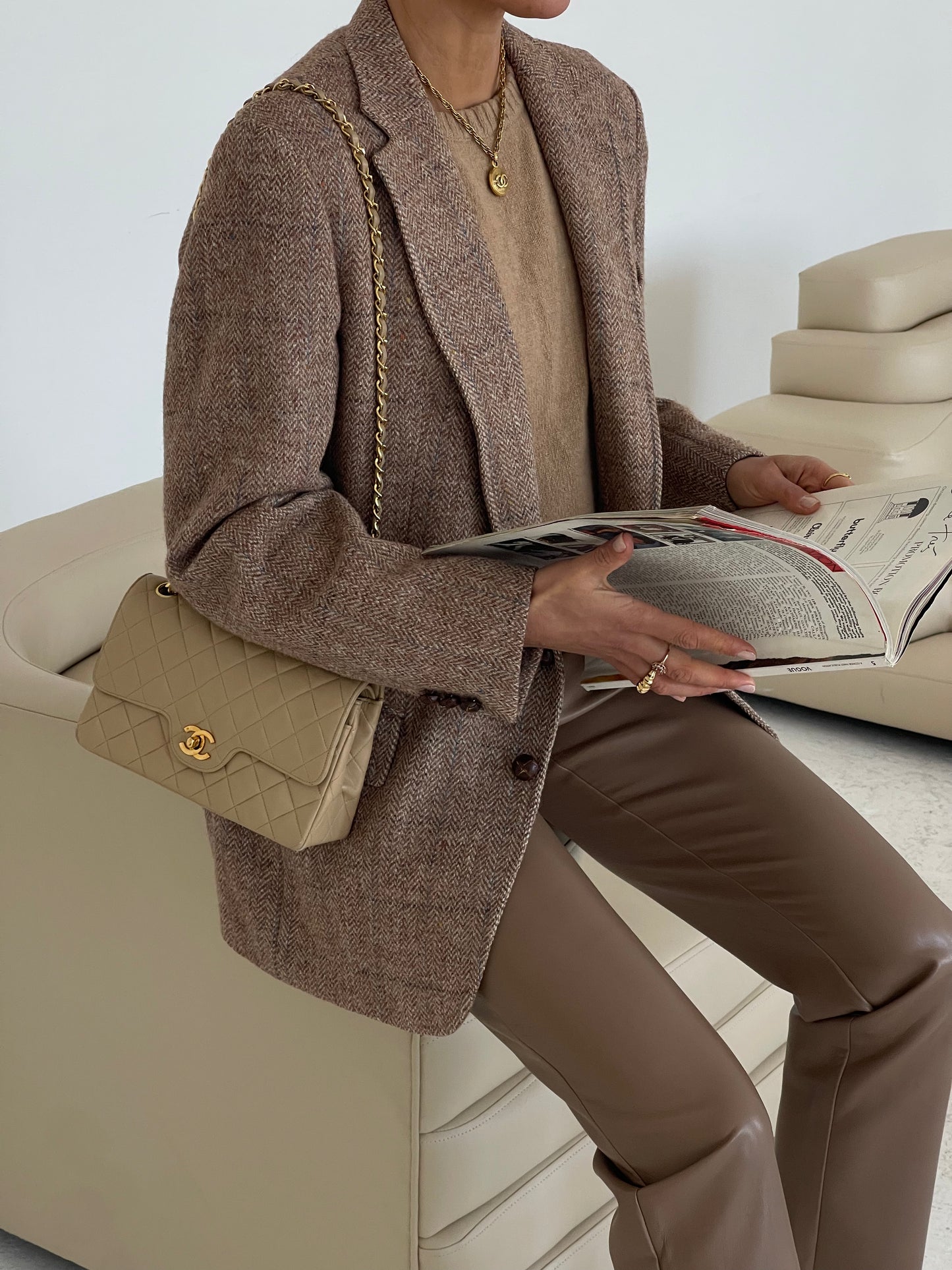 Beige tweed wool oversized blazer