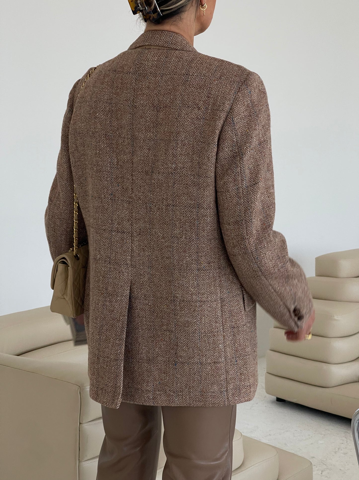 Beige tweed wool oversized blazer