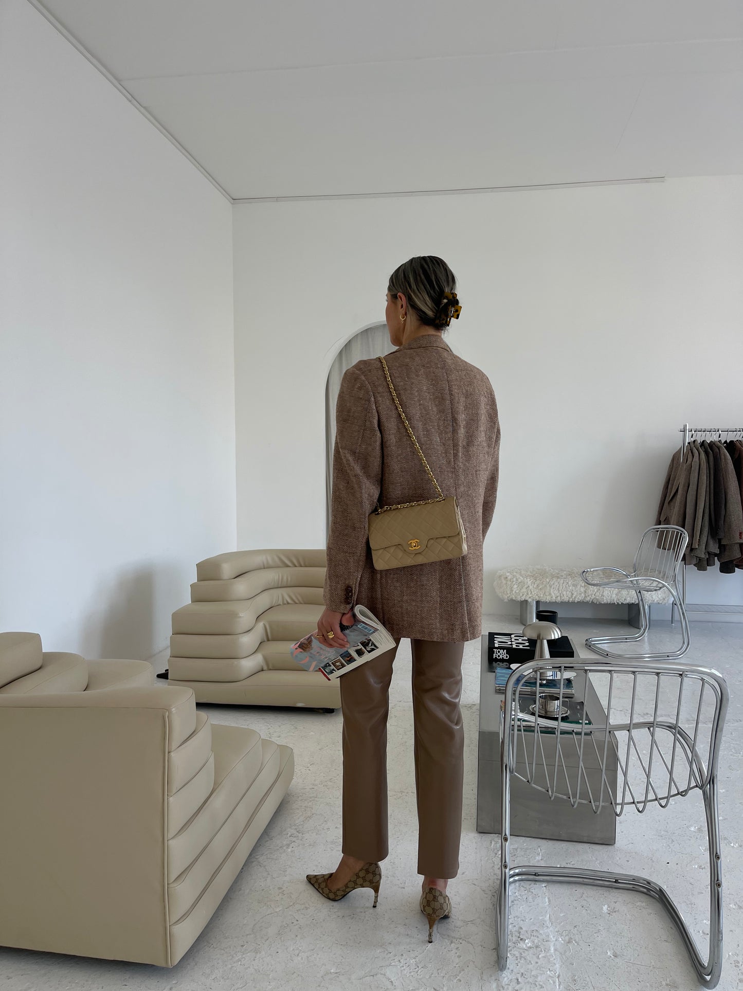 Beige tweed wool oversized blazer