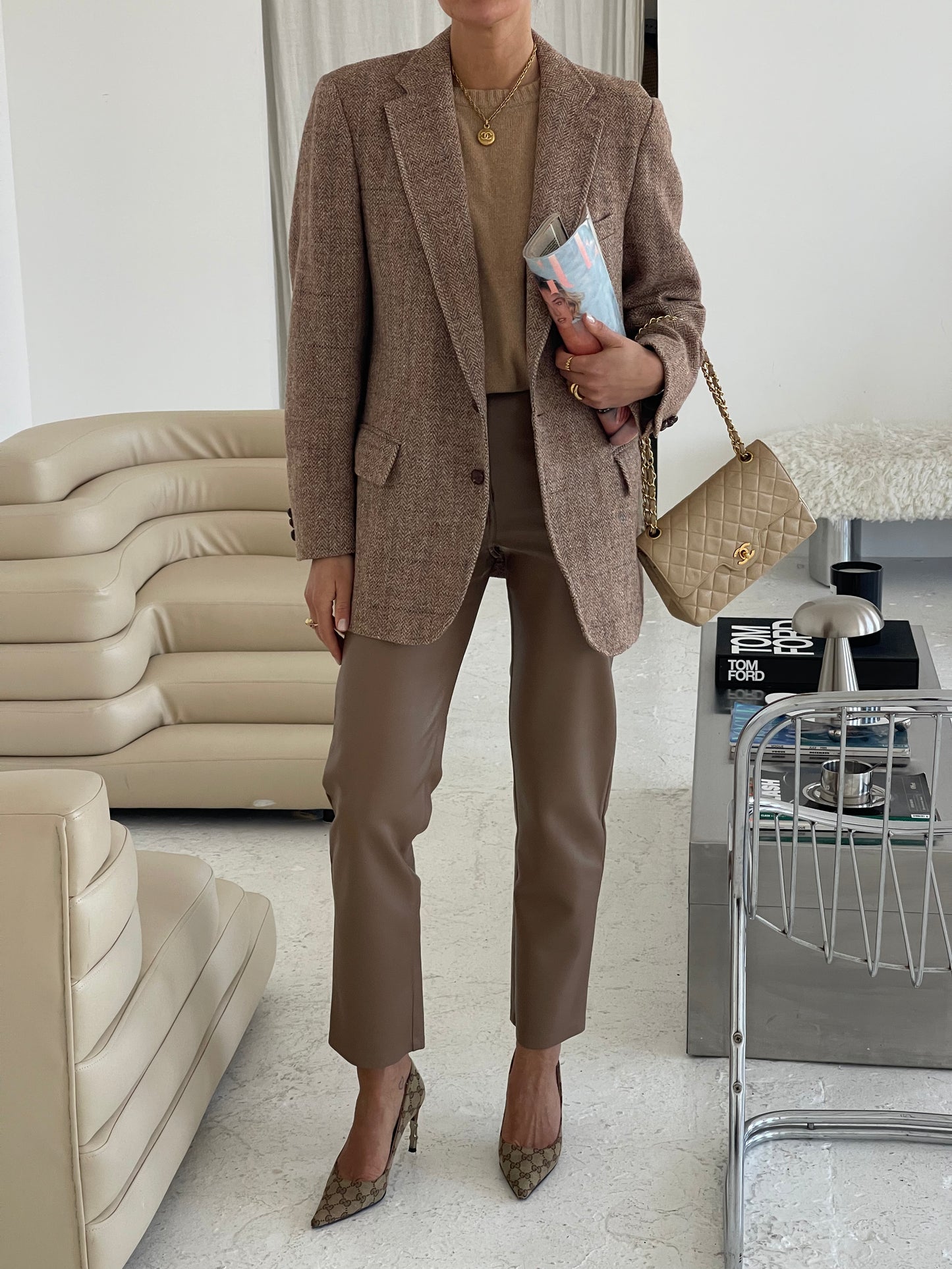 Beige tweed wool oversized blazer