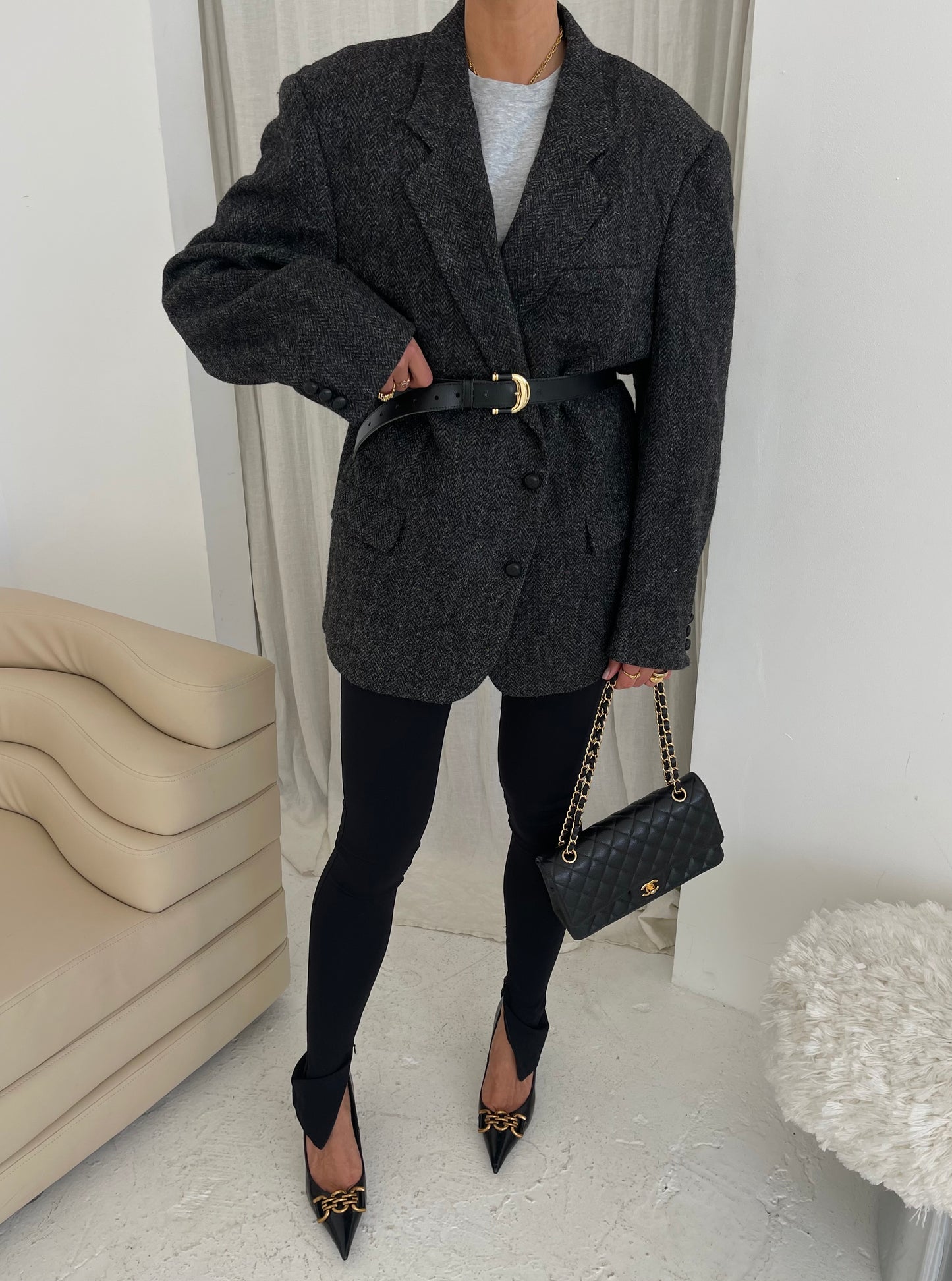 Dark Grey Tweed Wool Oversized blazer