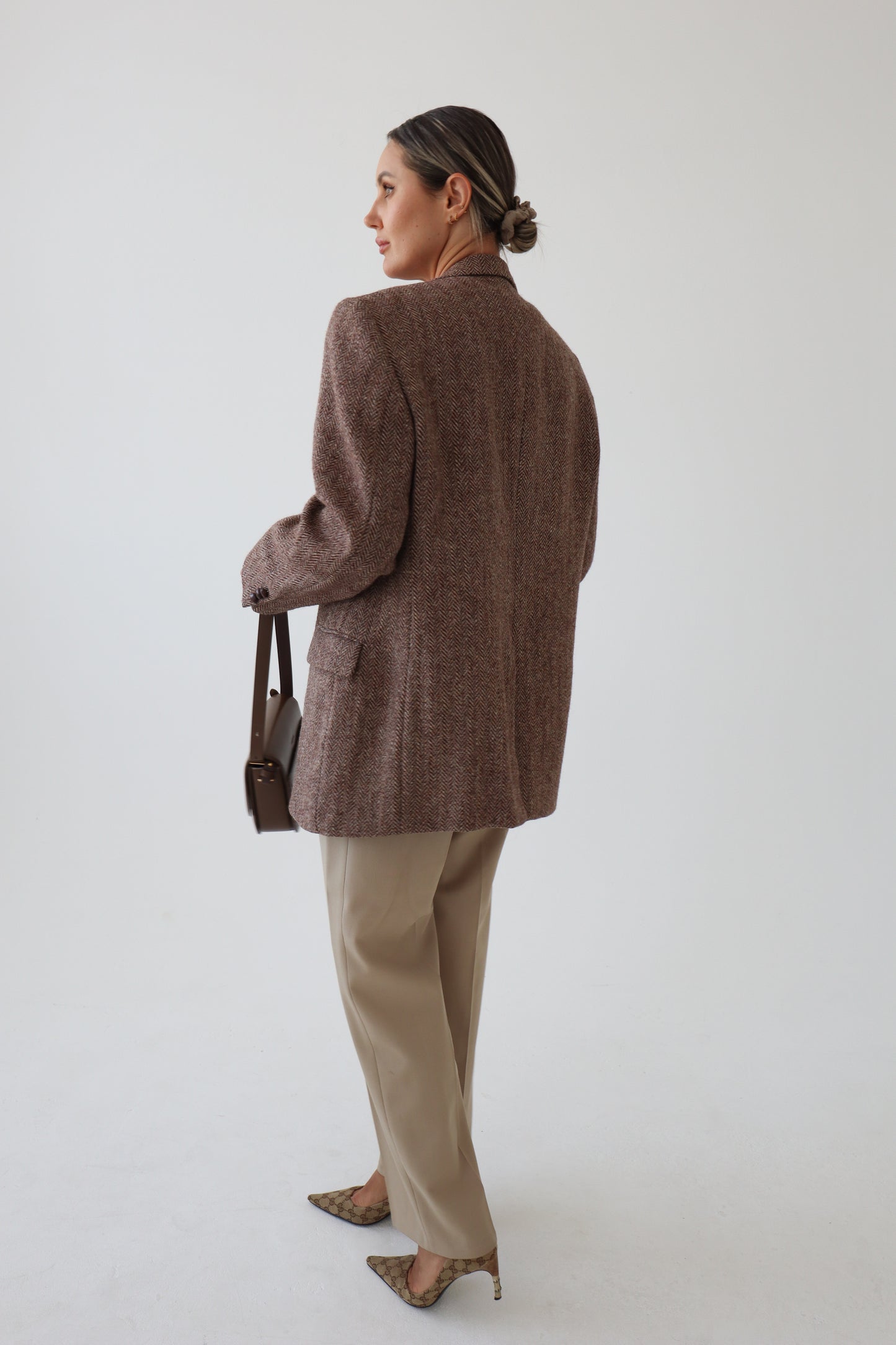 Vintage Oversized Herringbone Beige Blazer