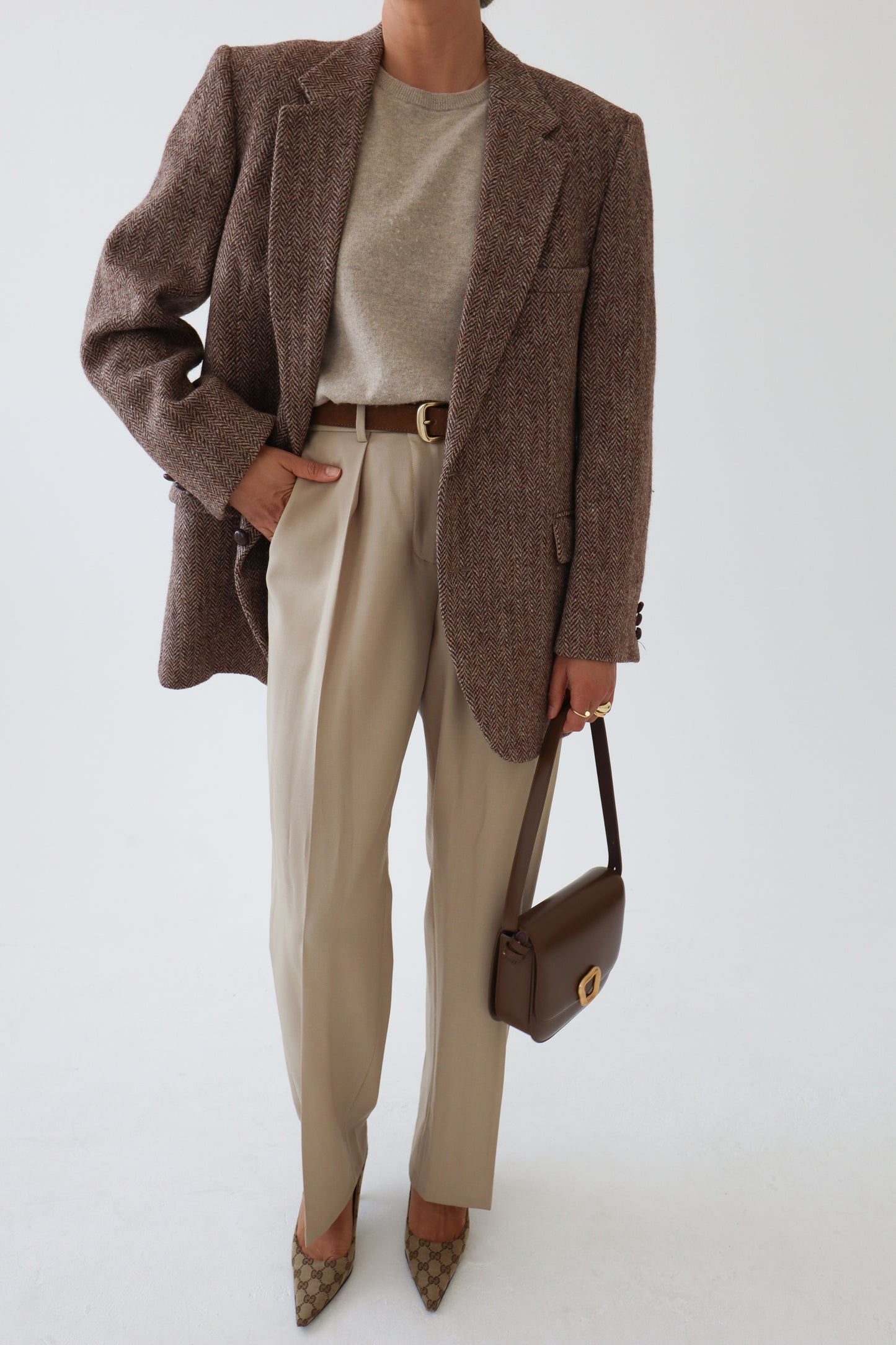 Vintage Oversized Herringbone Beige Blazer