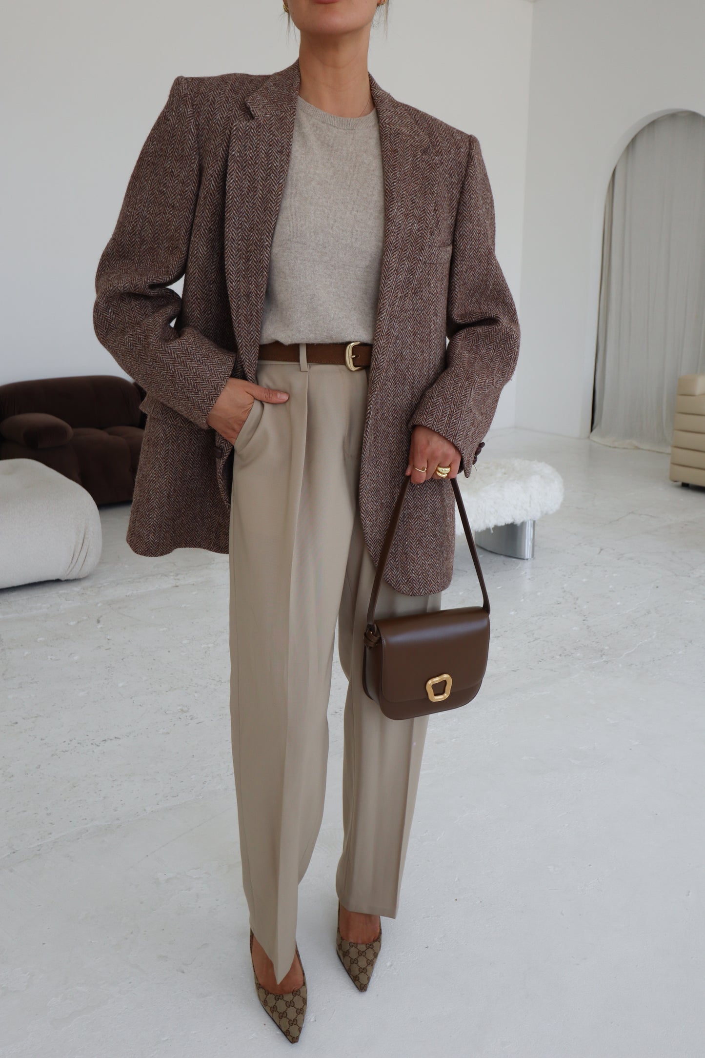 Vintage Oversized Herringbone Beige Blazer