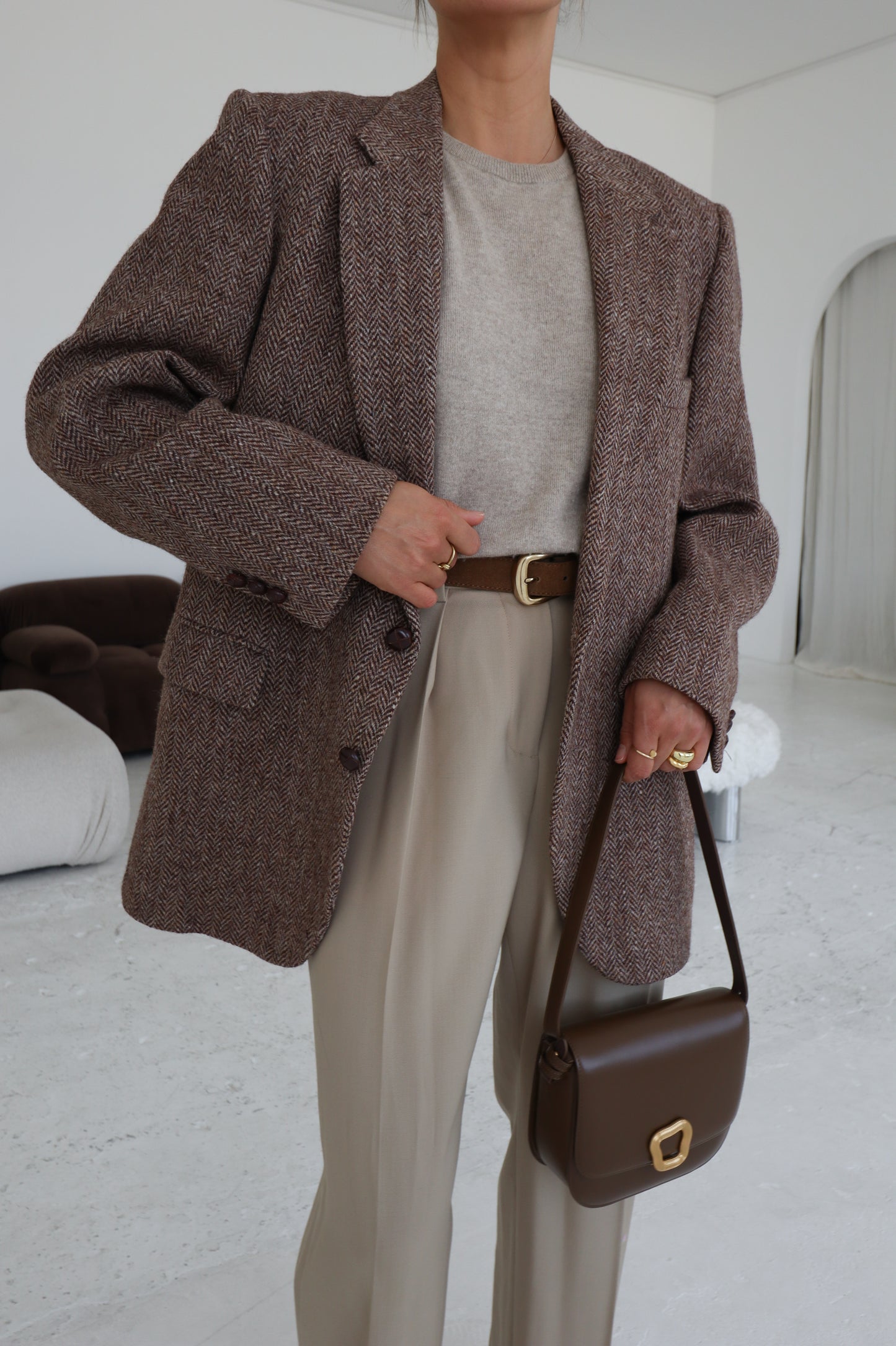 Vintage Oversized Herringbone Beige Blazer