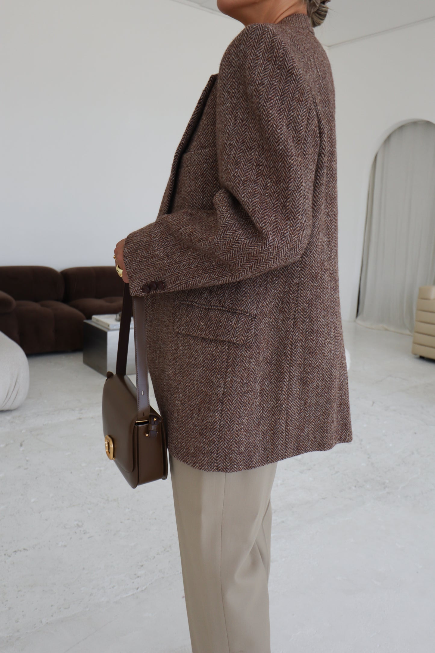 Vintage Oversized Herringbone Beige Blazer
