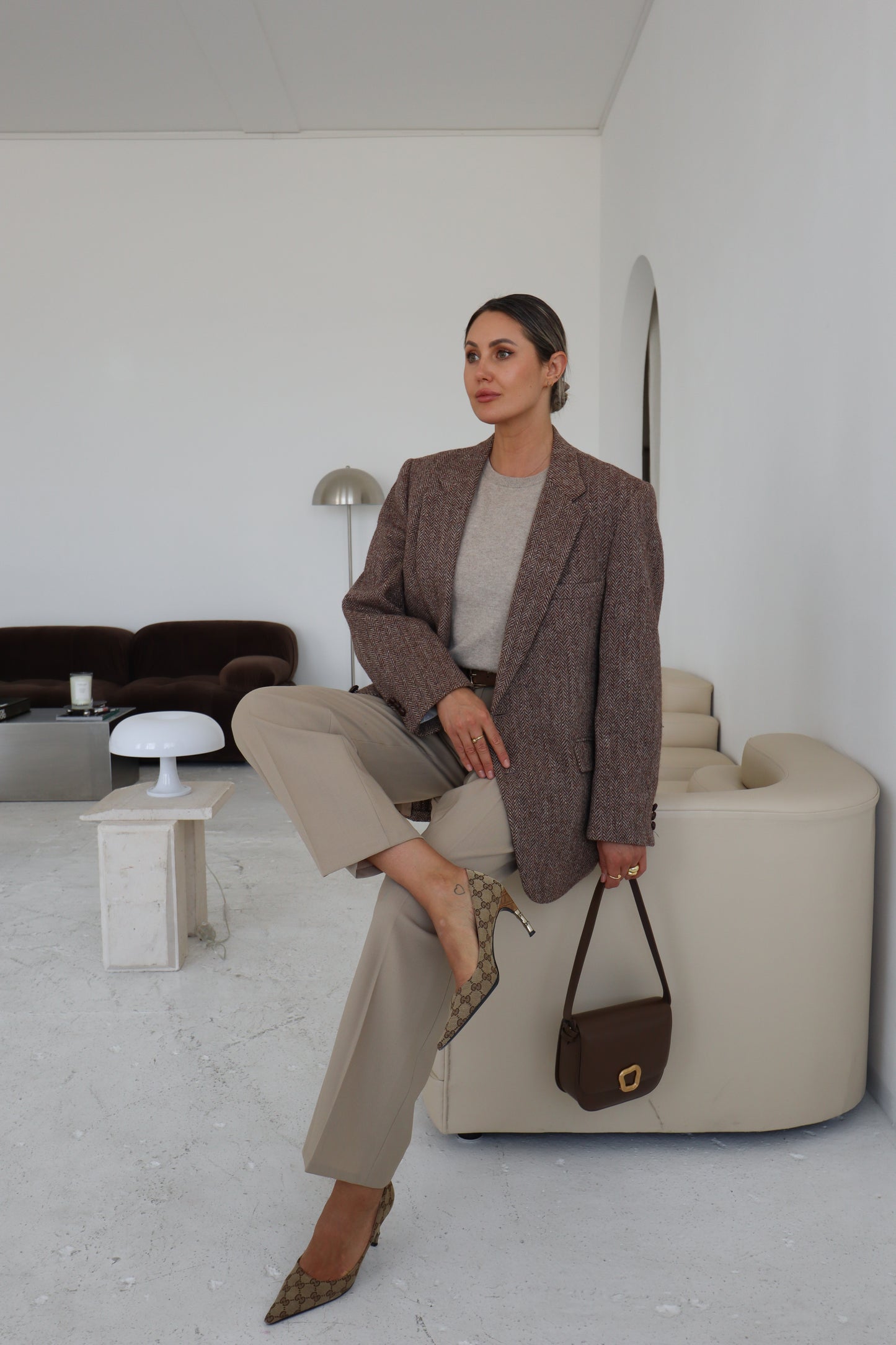 Vintage Oversized Herringbone Beige Blazer