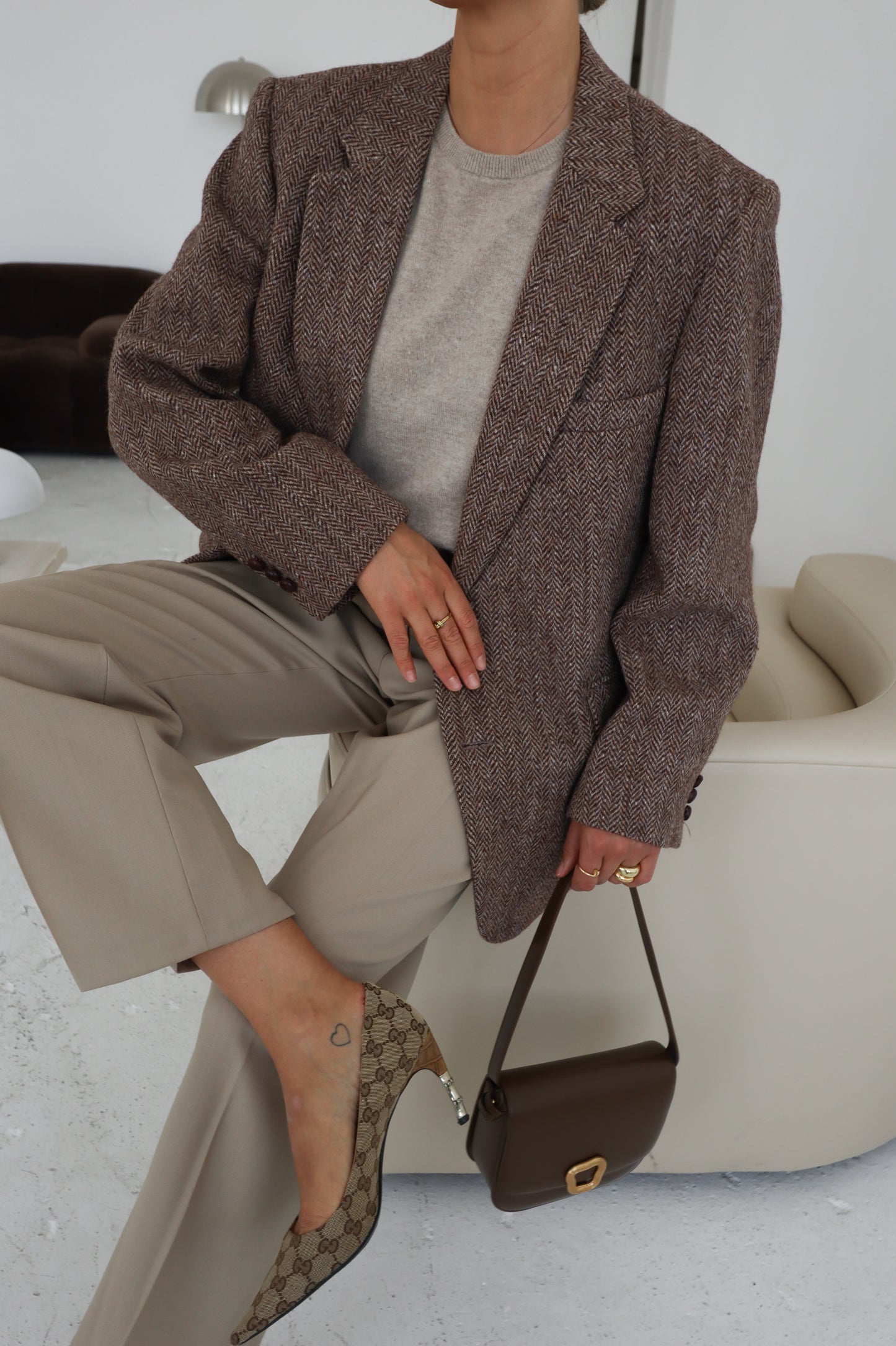 Vintage Oversized Herringbone Beige Blazer