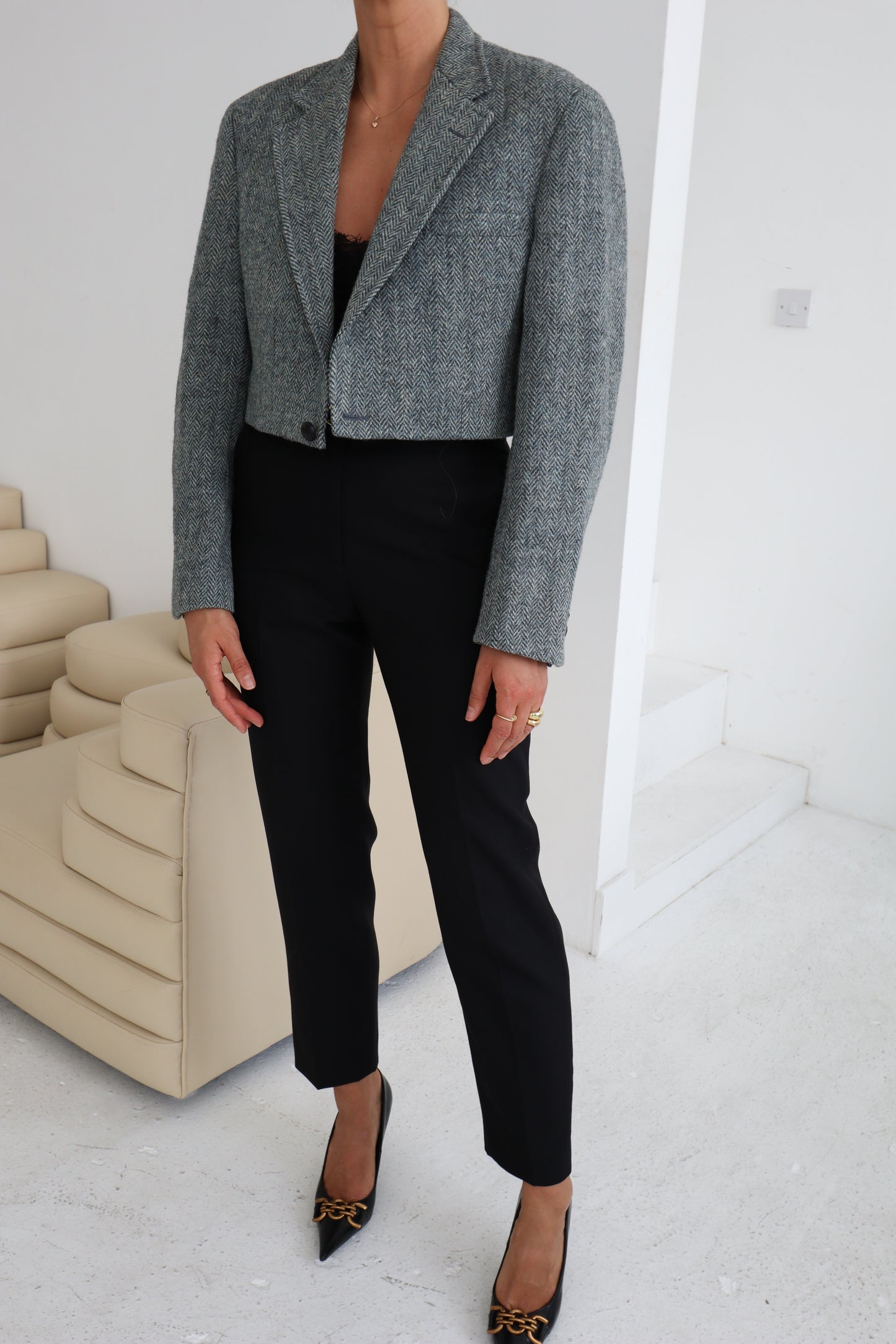 Vintage Blue Herringbone Cropped Blazer