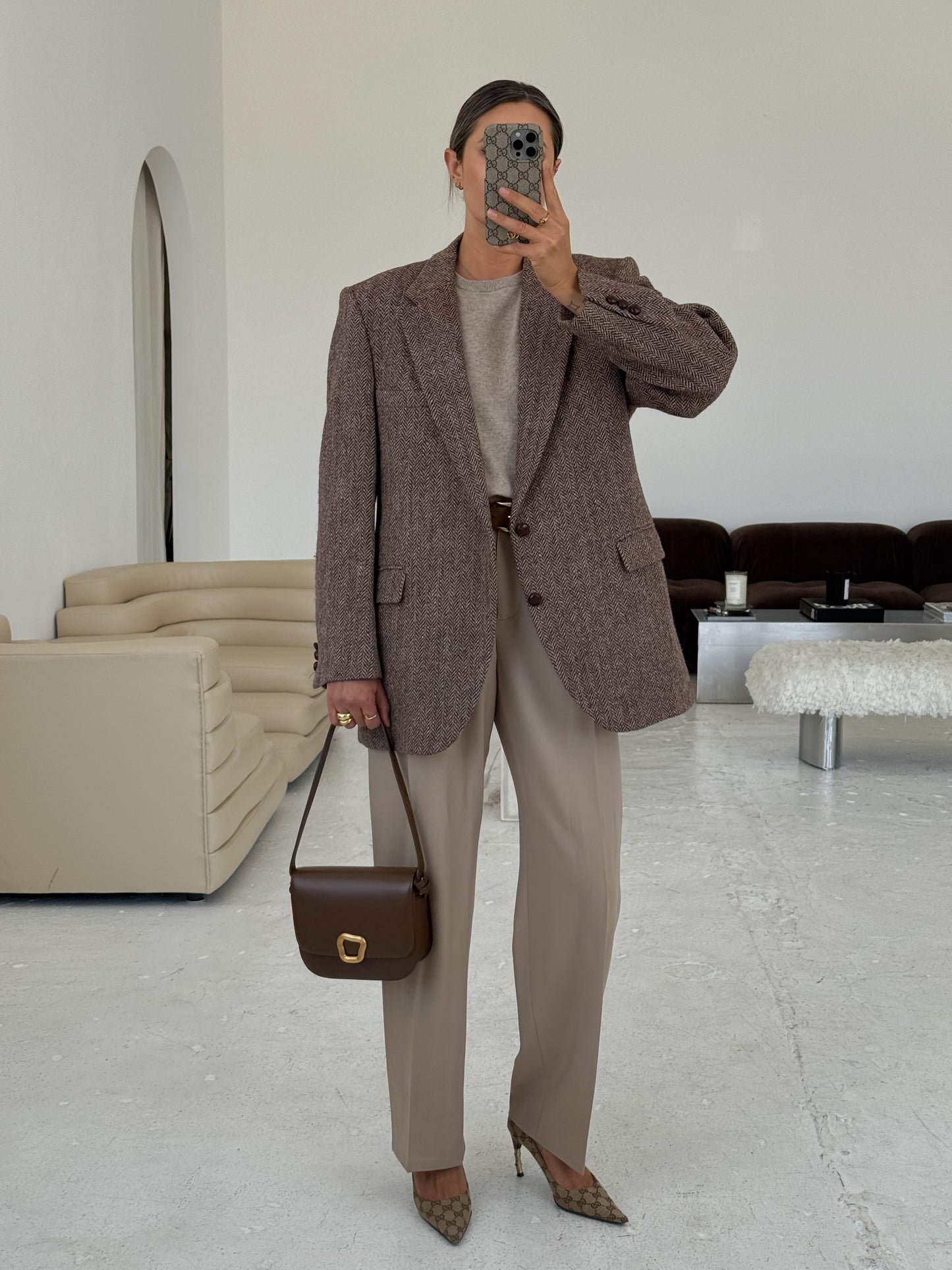 Vintage Oversized Herringbone Beige Blazer