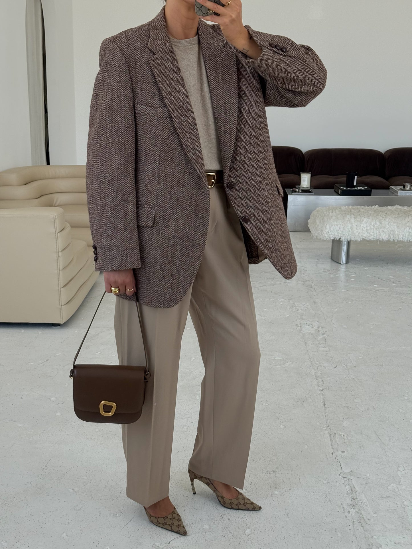 Vintage Oversized Herringbone Beige Blazer