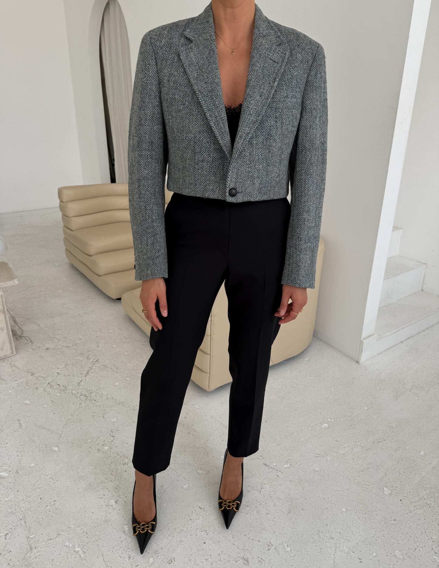 Vintage Blue Herringbone Cropped Blazer