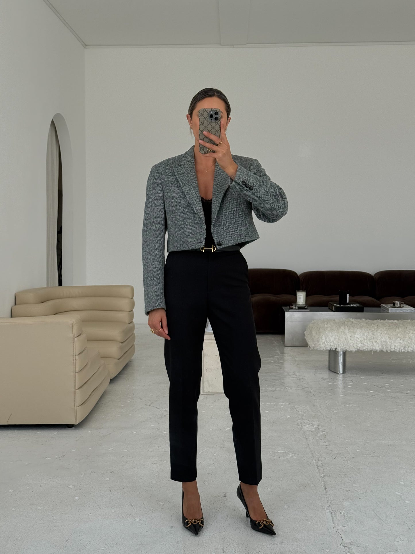 Vintage Blue Herringbone Cropped Blazer