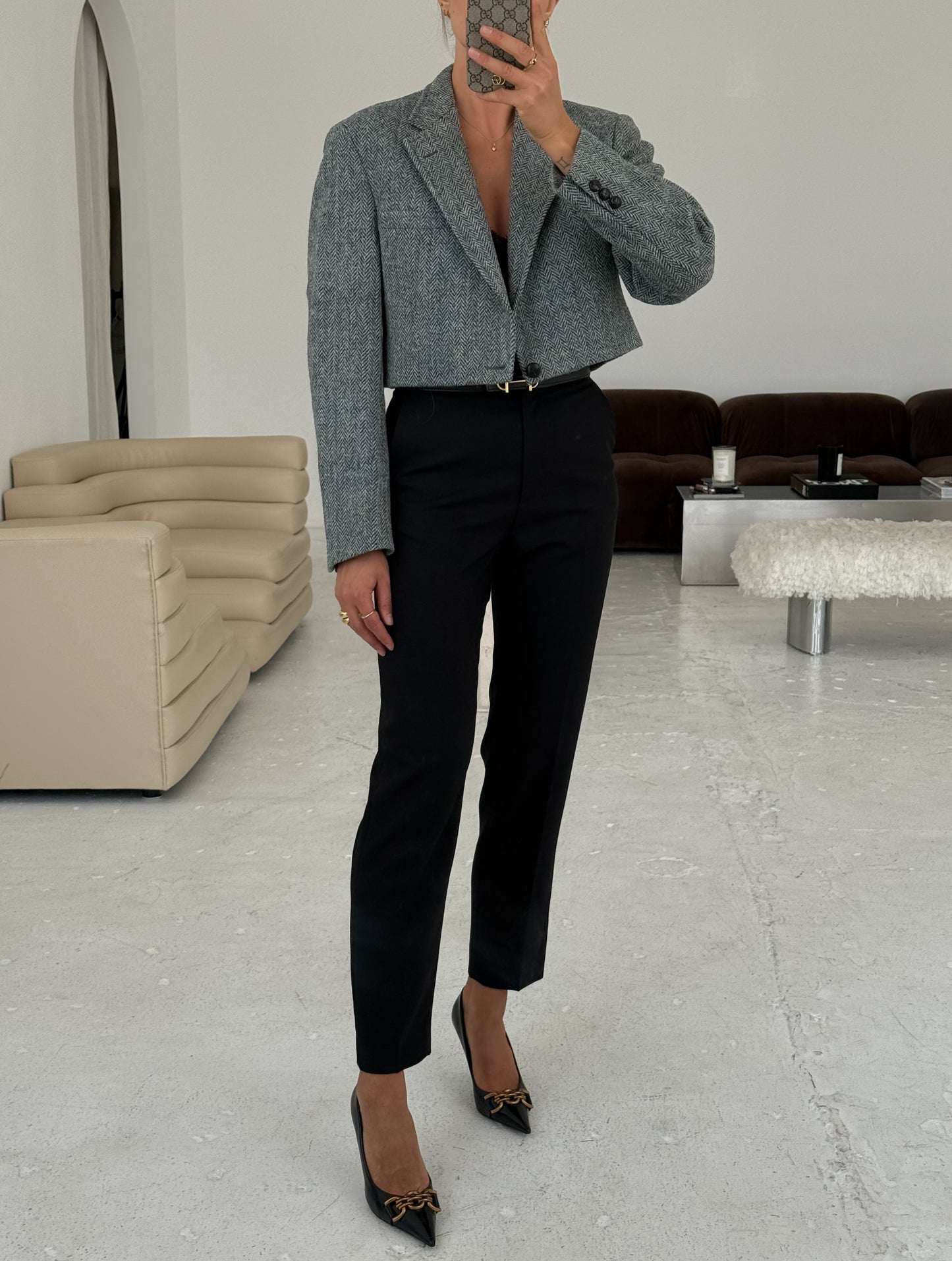 Vintage Blue Herringbone Cropped Blazer