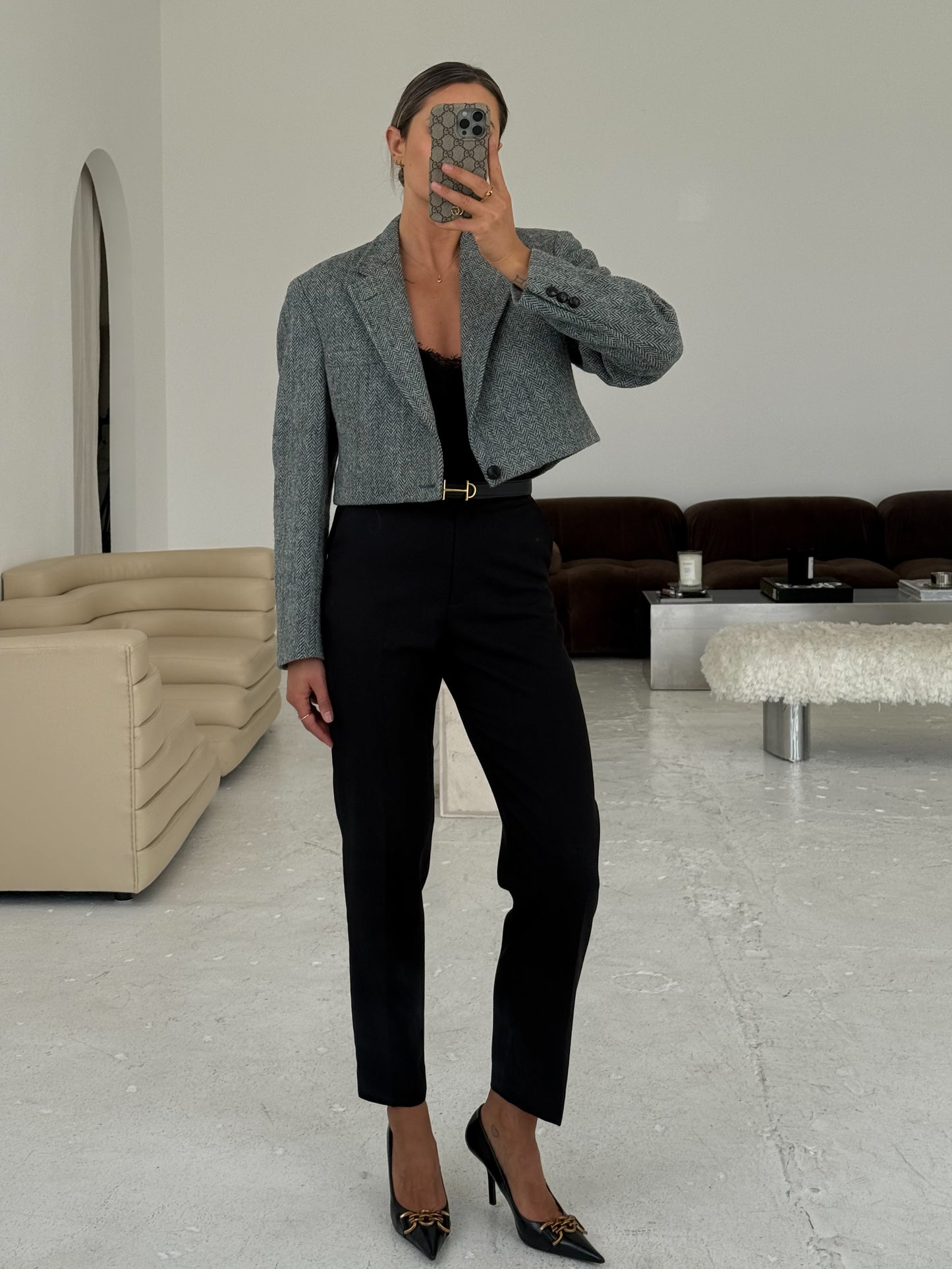 Vintage Blue Herringbone Cropped Blazer