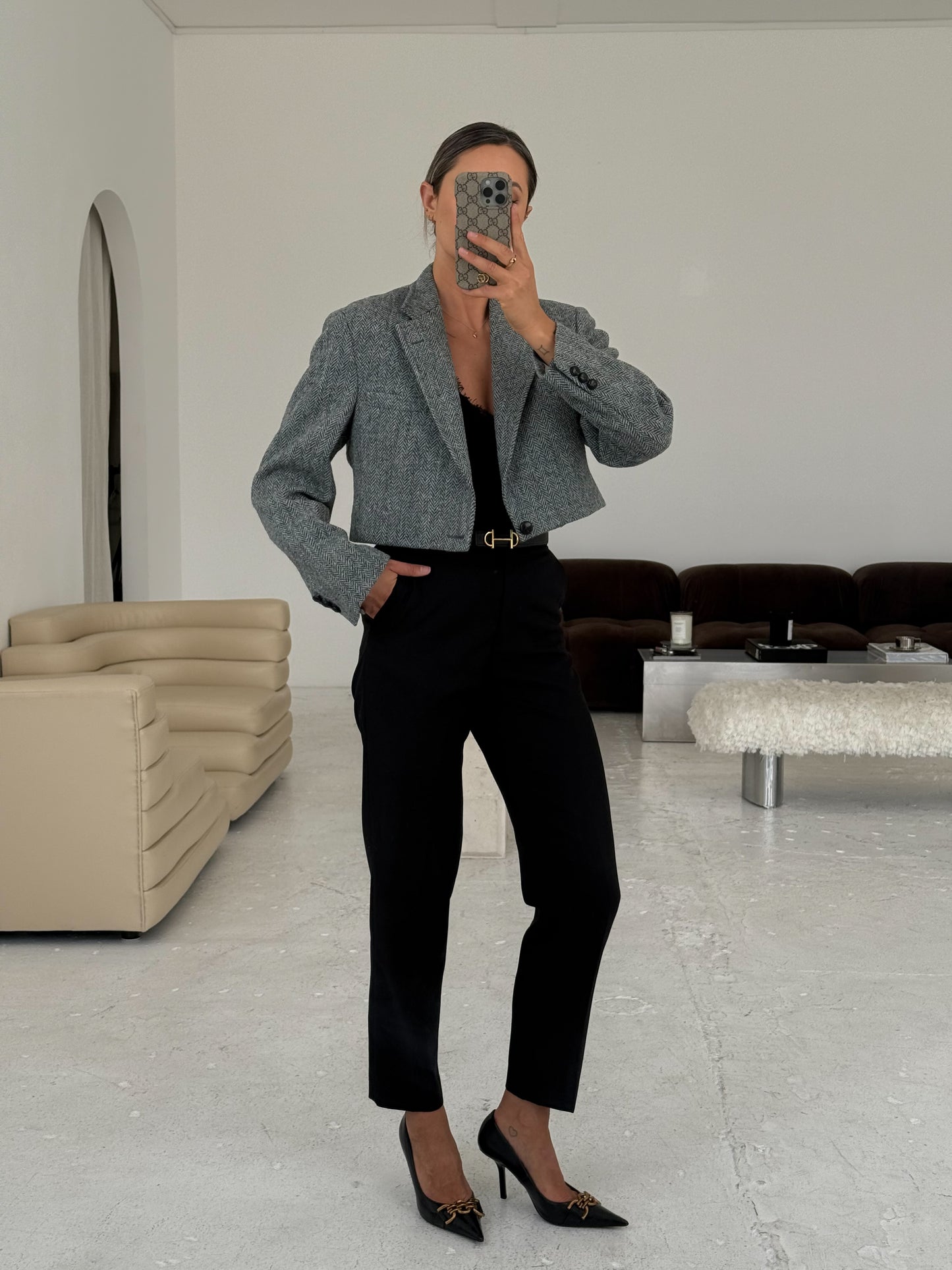 Vintage Blue Herringbone Cropped Blazer