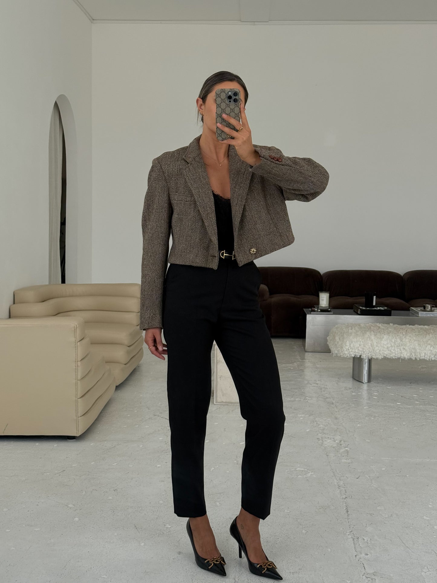 Vintage Brown Houndstooth Cropped Blazer