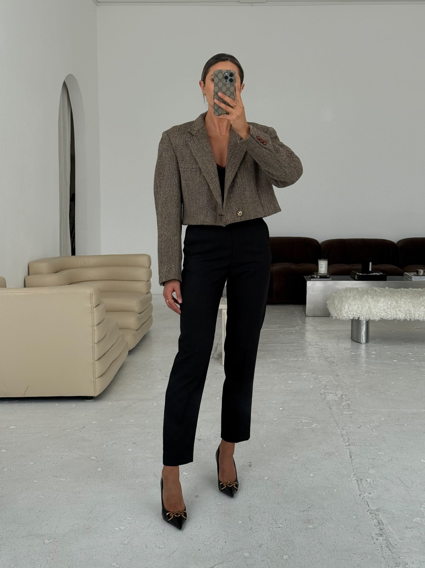 Vintage Brown Houndstooth Cropped Blazer