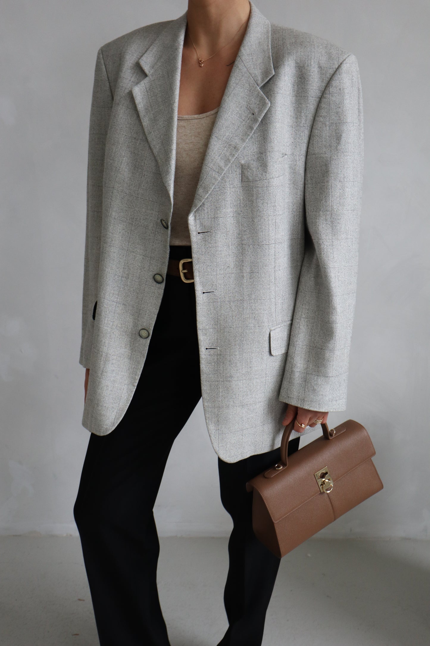Vintage Light Grey Linen Oversized Blazer