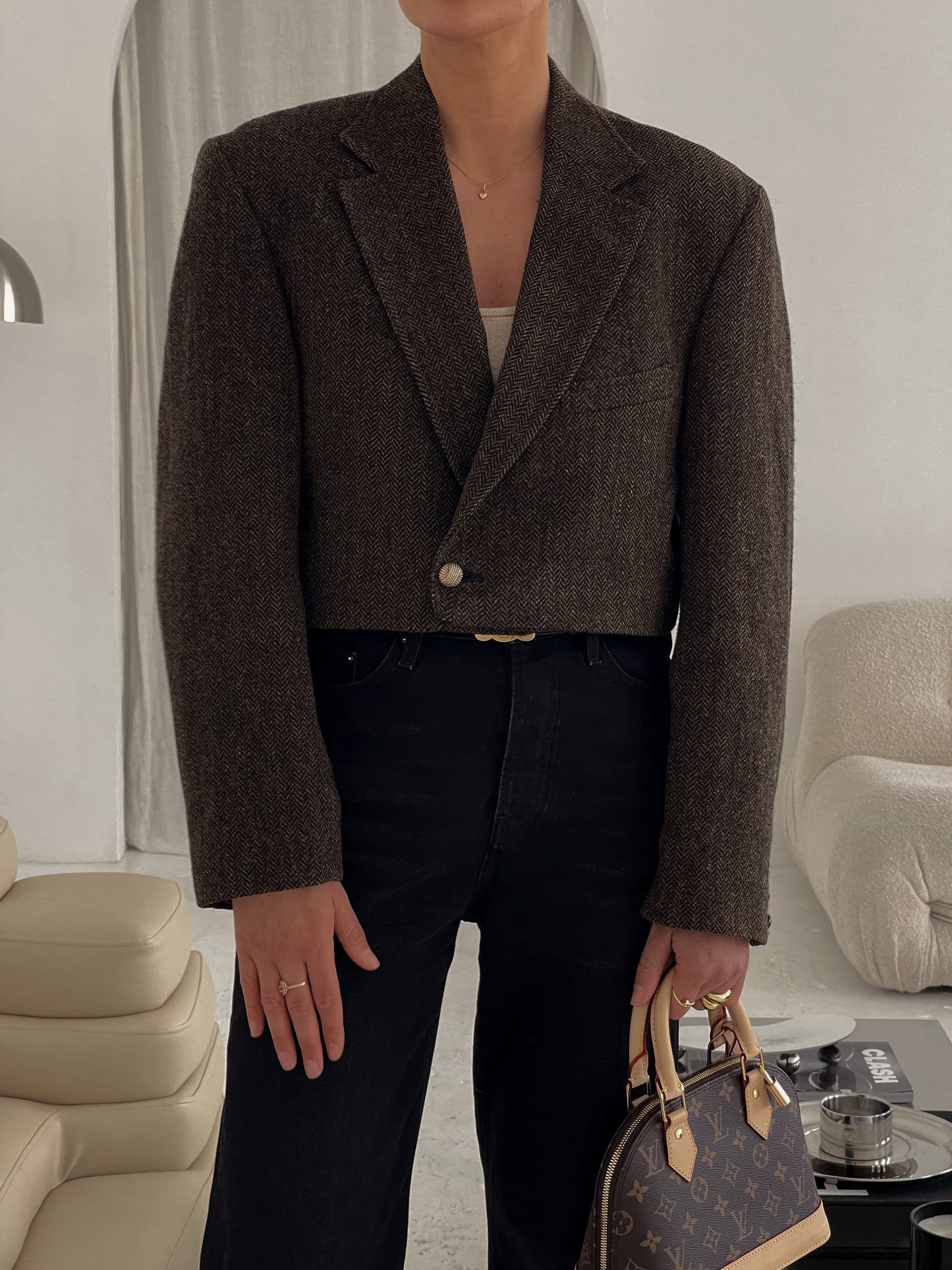 Cropped Brown Herringbone Blazer