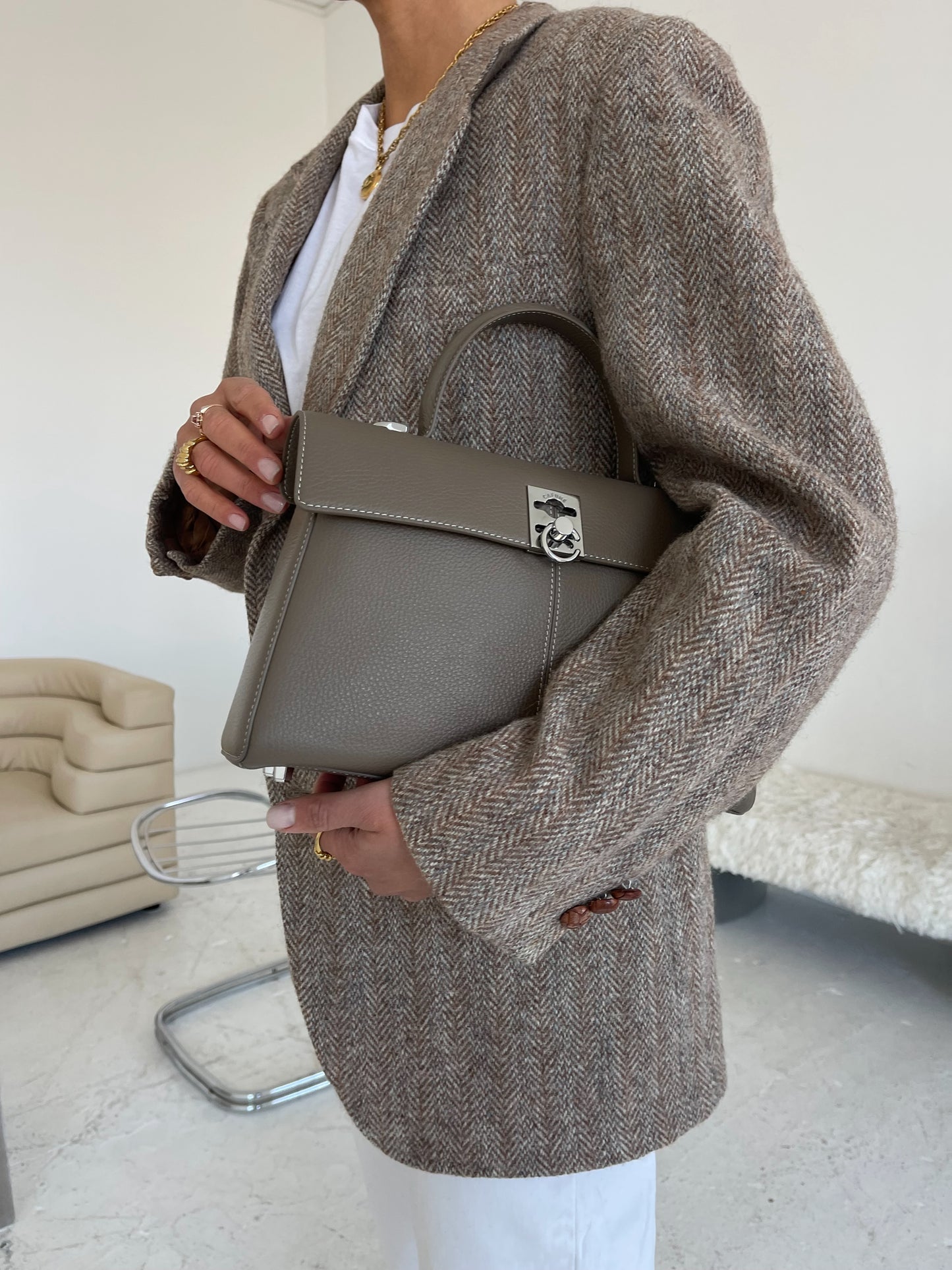 Beige oversized wool tweed blazer