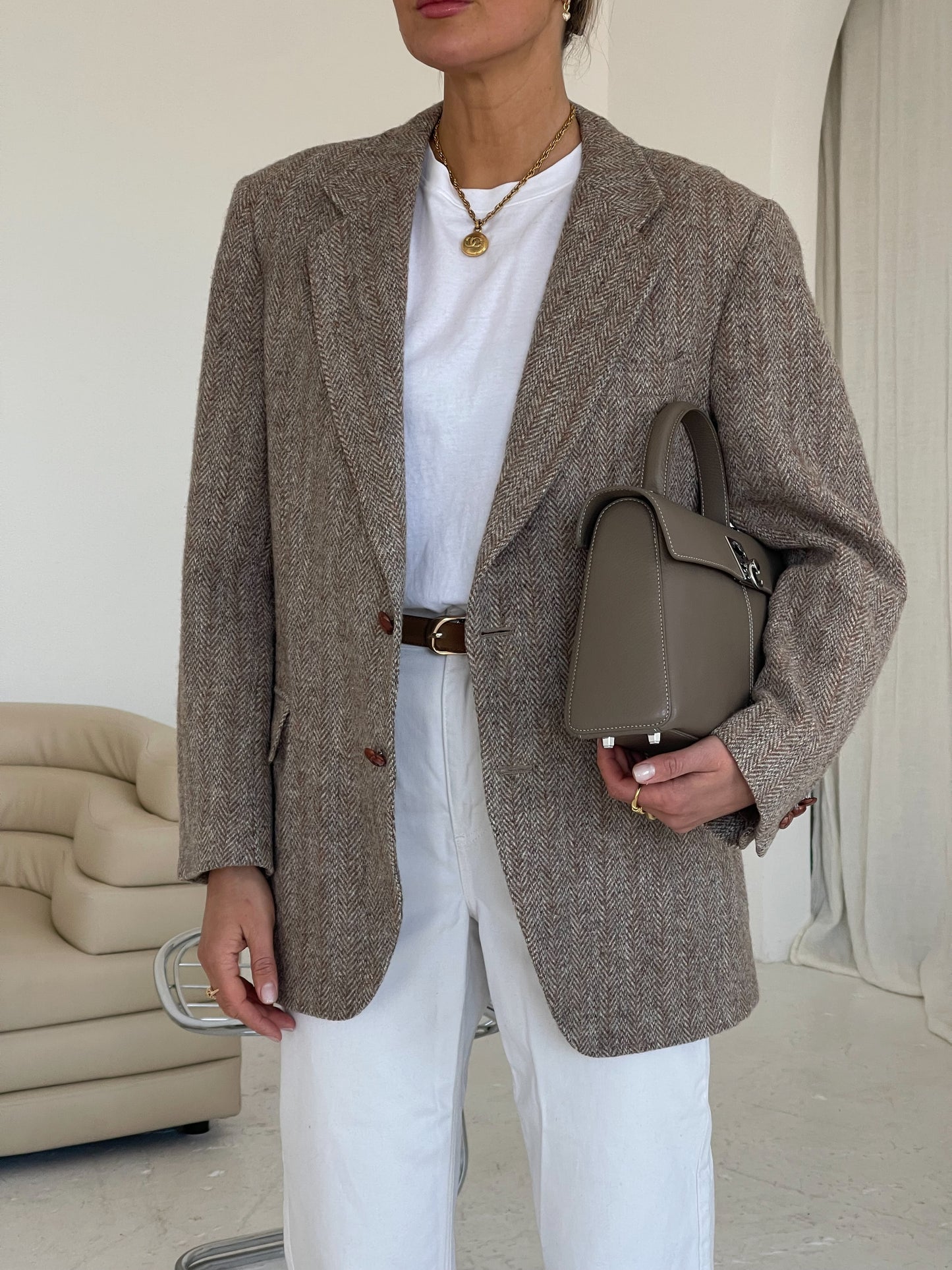 Beige oversized wool tweed blazer