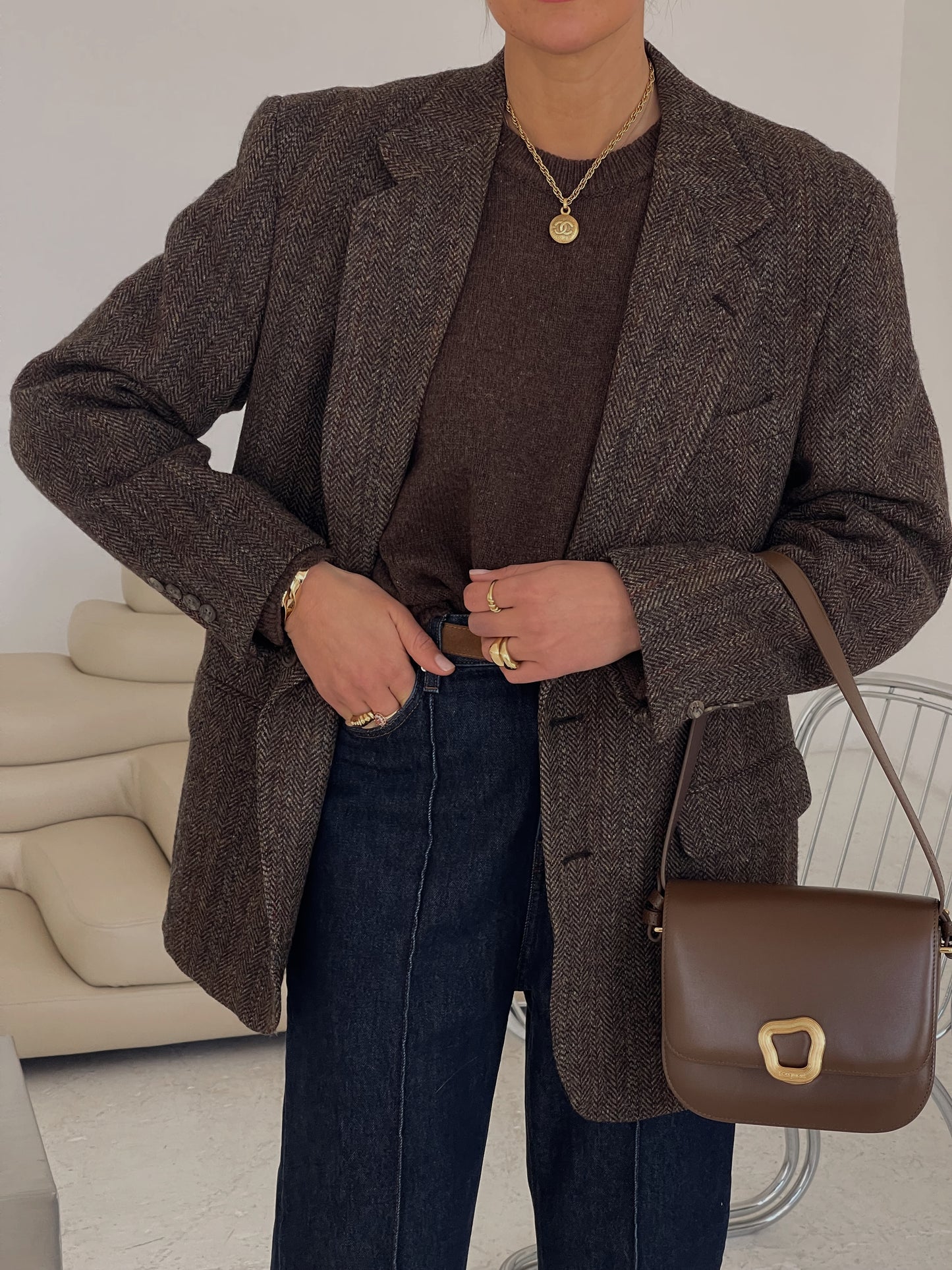 Brown Tweed Wool oversized blazer