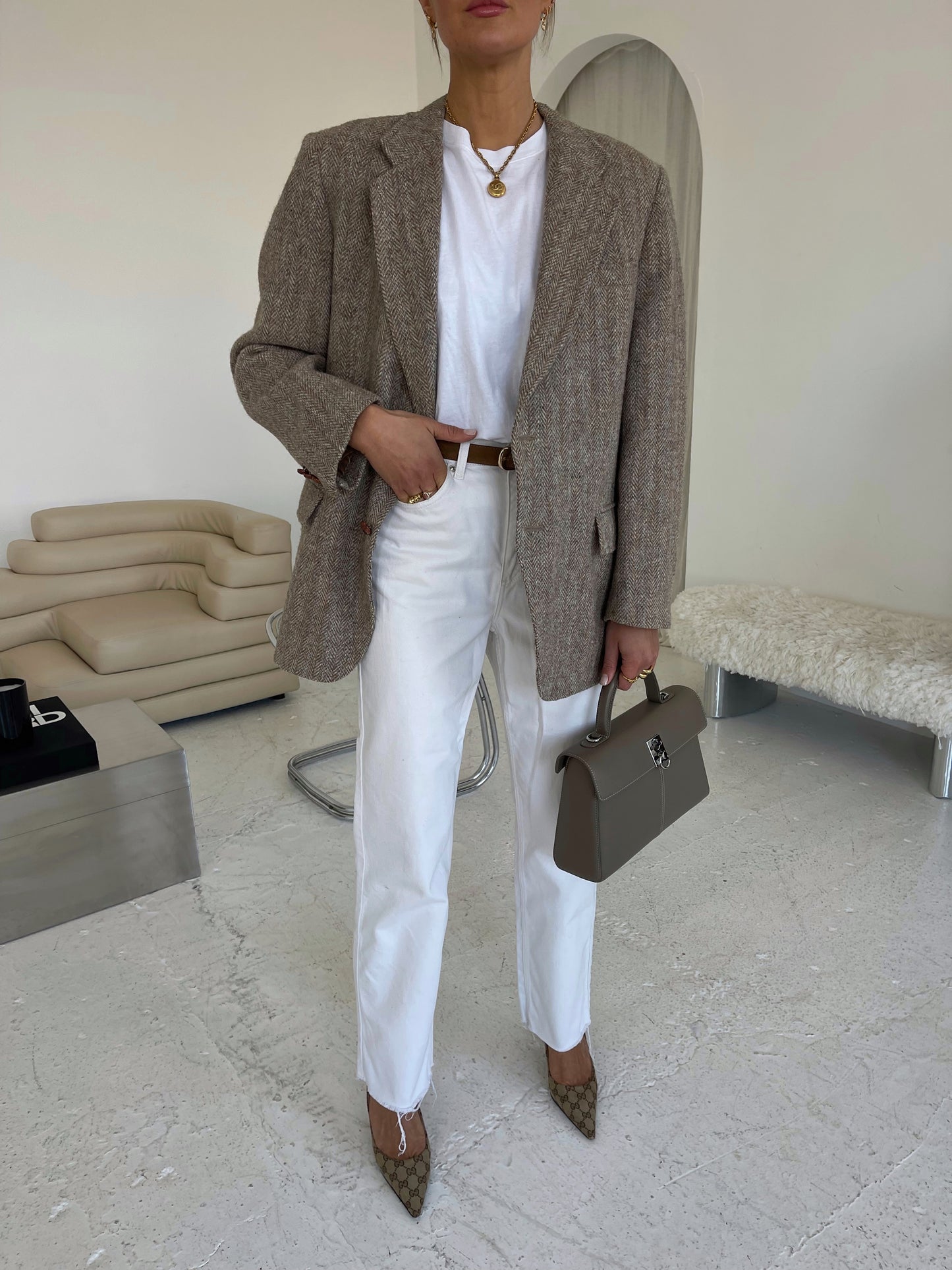 Beige oversized wool tweed blazer