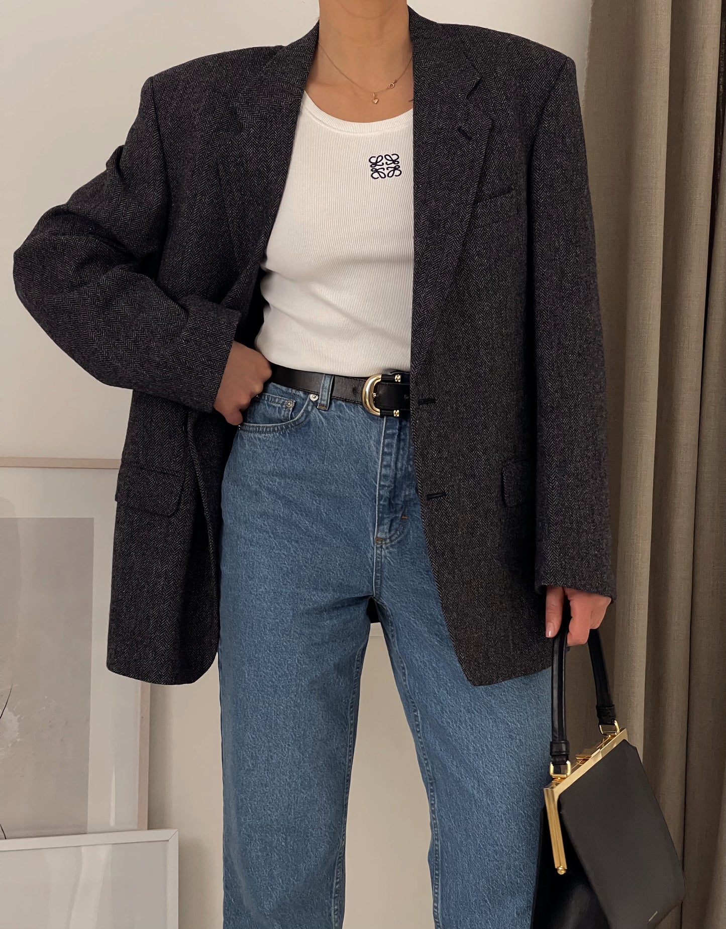 Grey Oversized Fishbone Wool Blazer