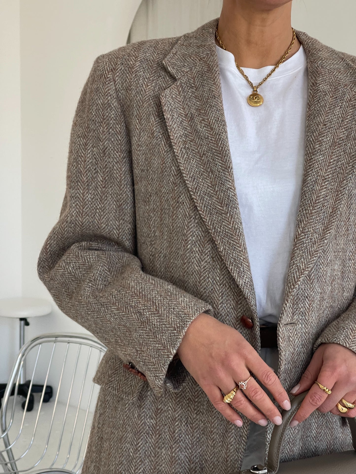 Beige oversized wool tweed blazer