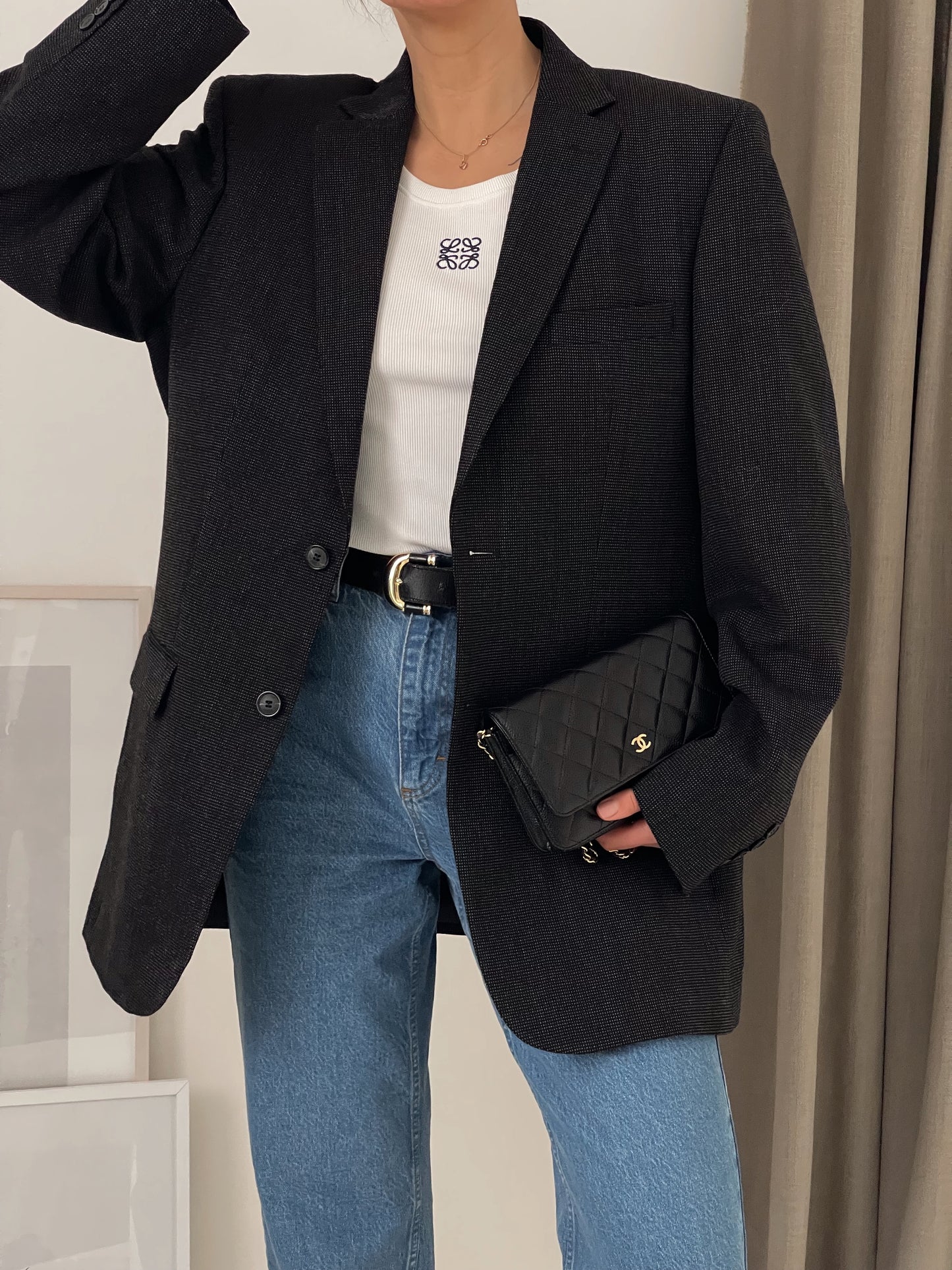 Oversized Dark Grey Patterned Blazer