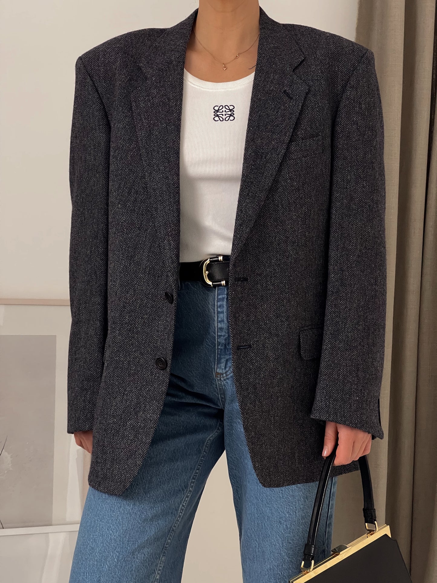 Grey Oversized Fishbone Wool Blazer
