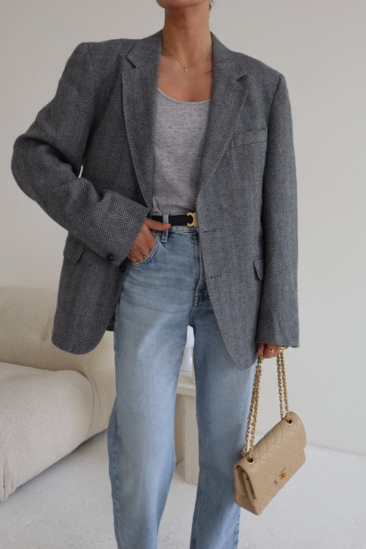 Oversized Slate Blue-Grey Herringbone Blazer